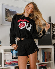 Rolling Stones OU Inside Lick Puff Ink Black Cinched Cropped Hoodie - shoplivylu
