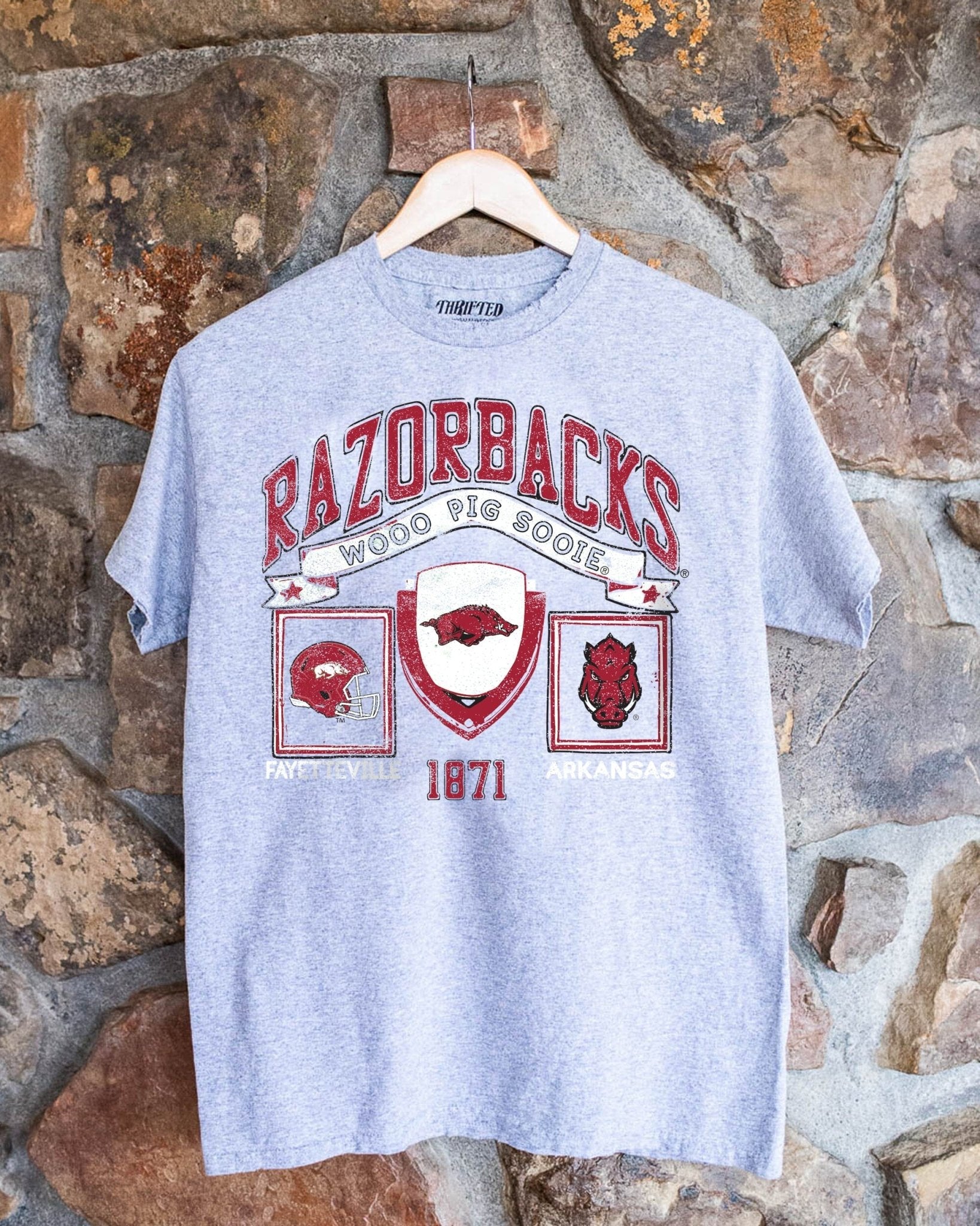 Razorbacks Prep Patch Gray Thrifted Tee - shoplivylu