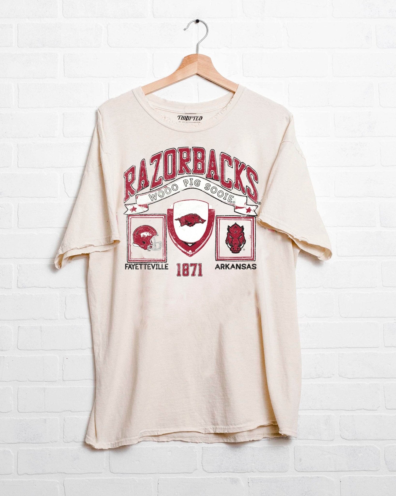 Razorbacks Prep Patch Off White Thrifted Tee - shoplivylu