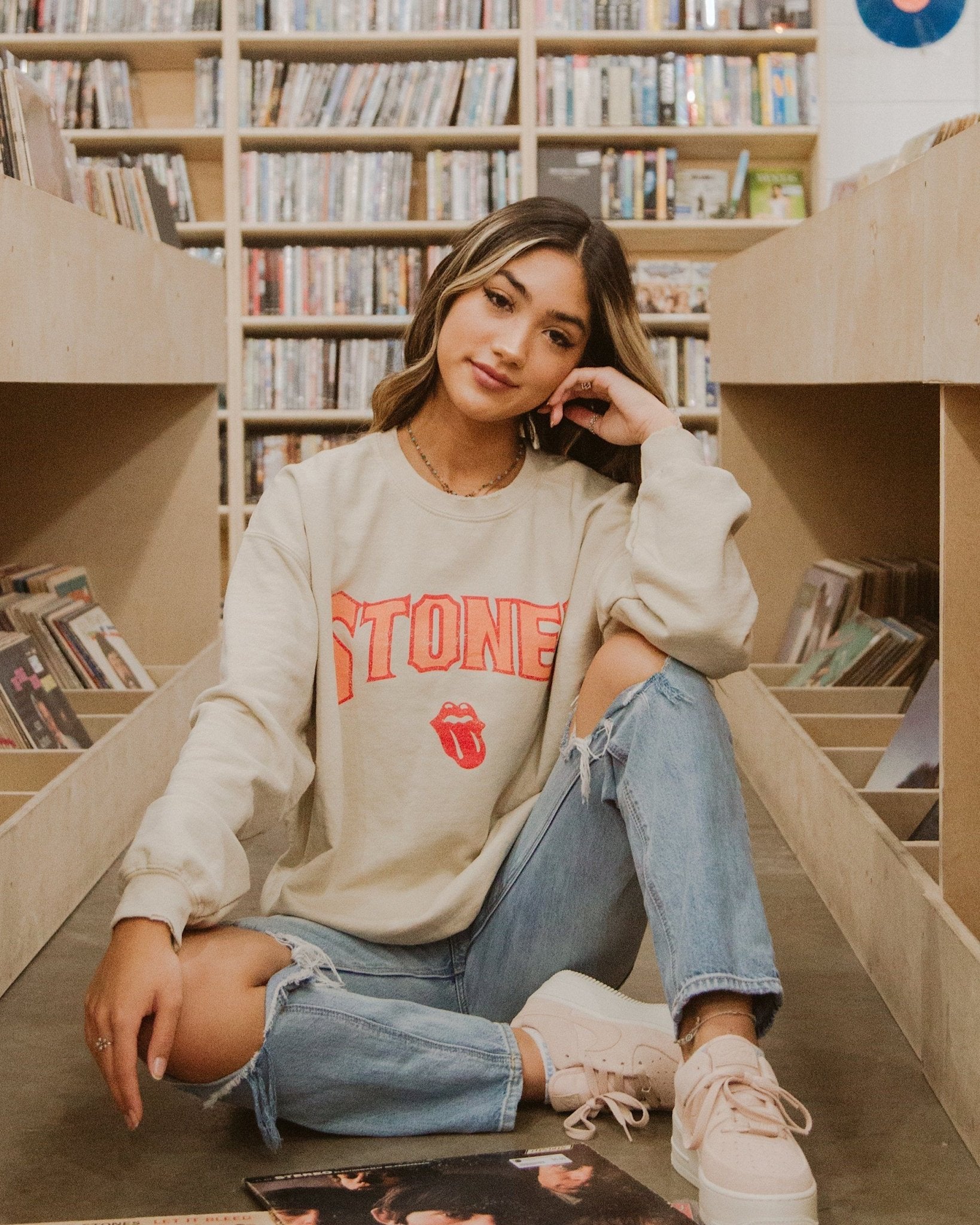 Rolling Stones Arch Sand Thrifted Sweatshirt - shoplivylu