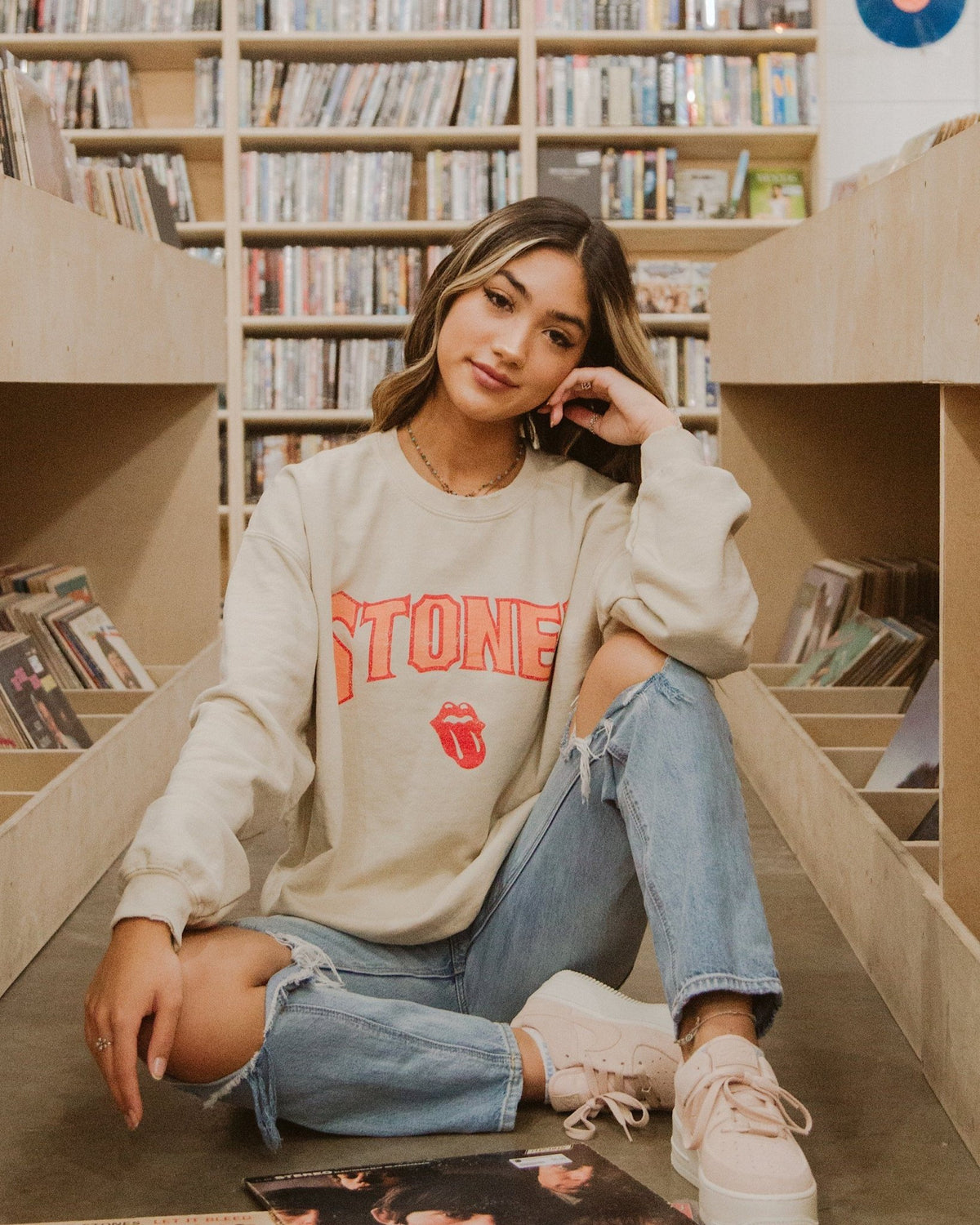 Rolling Stones Arch Sand Thrifted Sweatshirt - shoplivylu