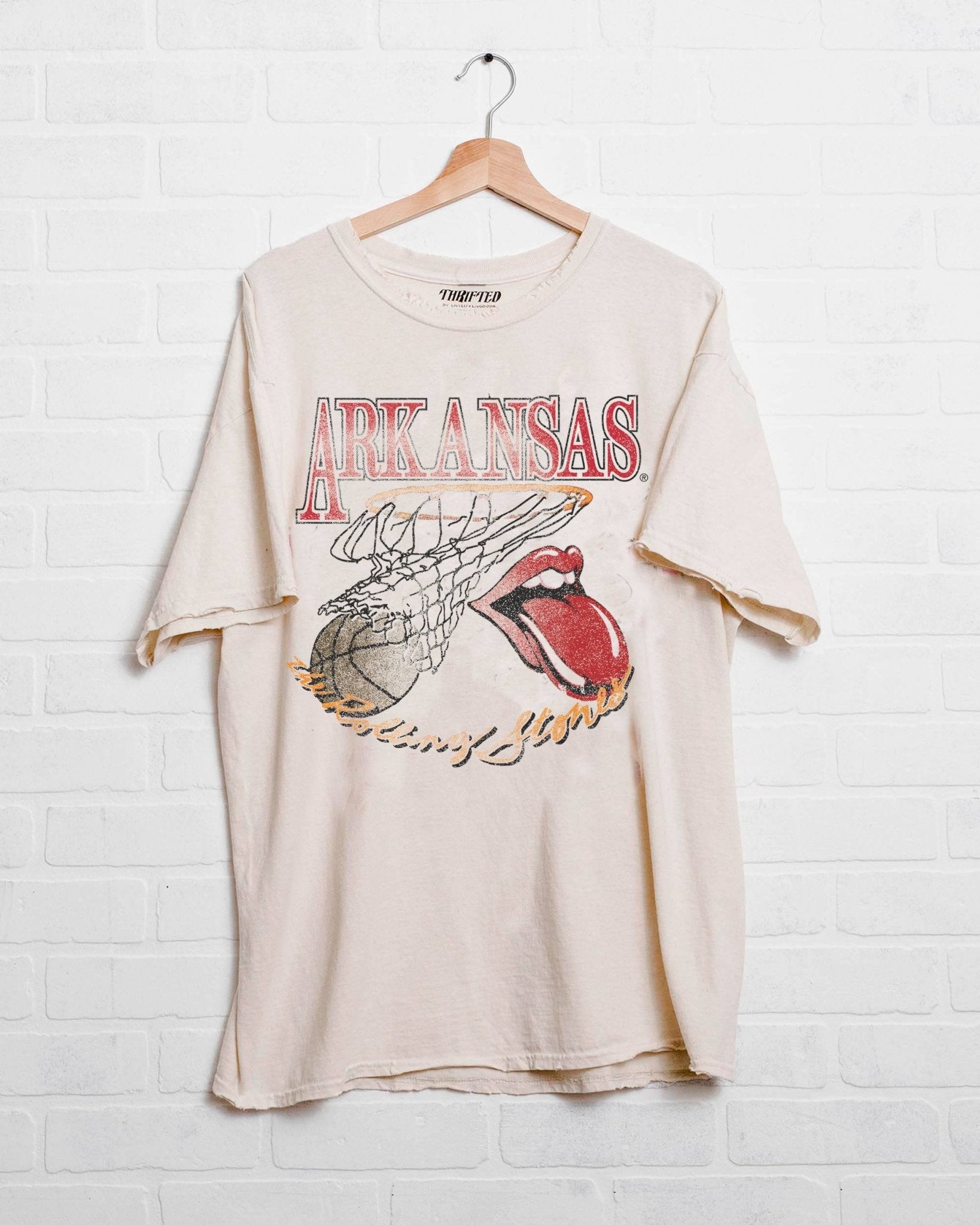 Rolling Stones Arkansas Basketball Net Off White Thrifted Tee - shoplivylu