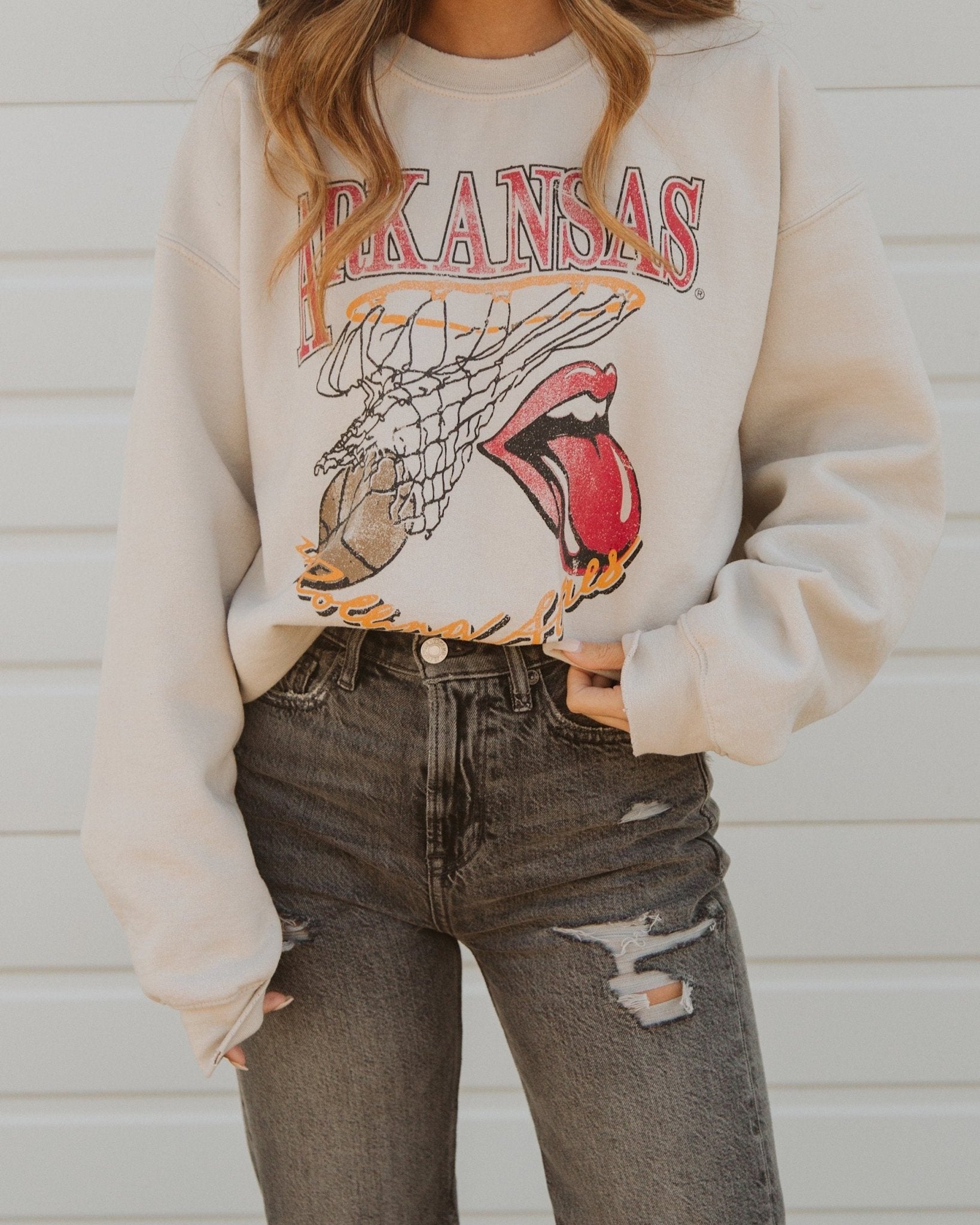 Rolling Stones Arkansas Basketball Net Sand Thrifted Sweatshirt - shoplivylu