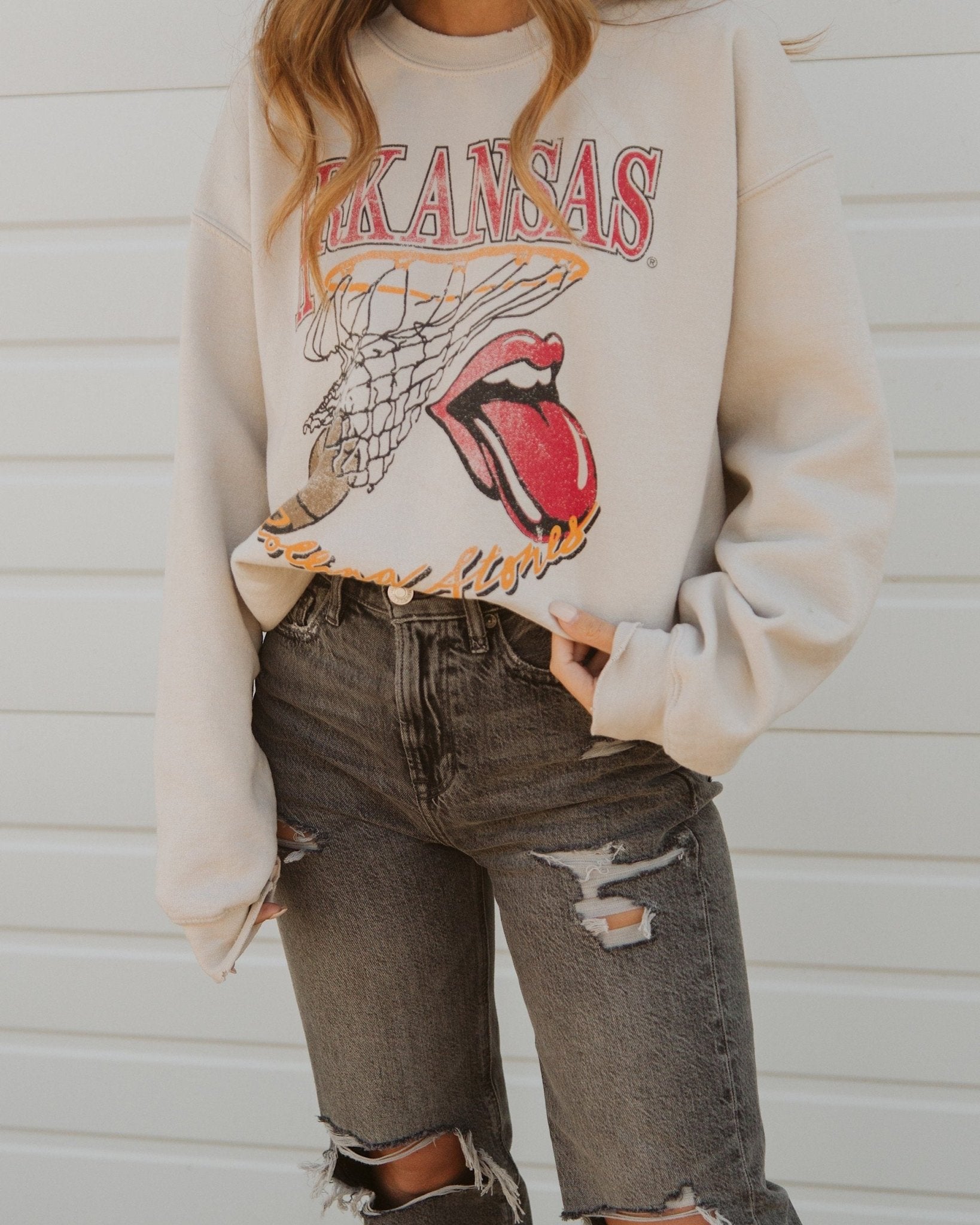 Rolling Stones Arkansas Basketball Net Sand Thrifted Sweatshirt - shoplivylu