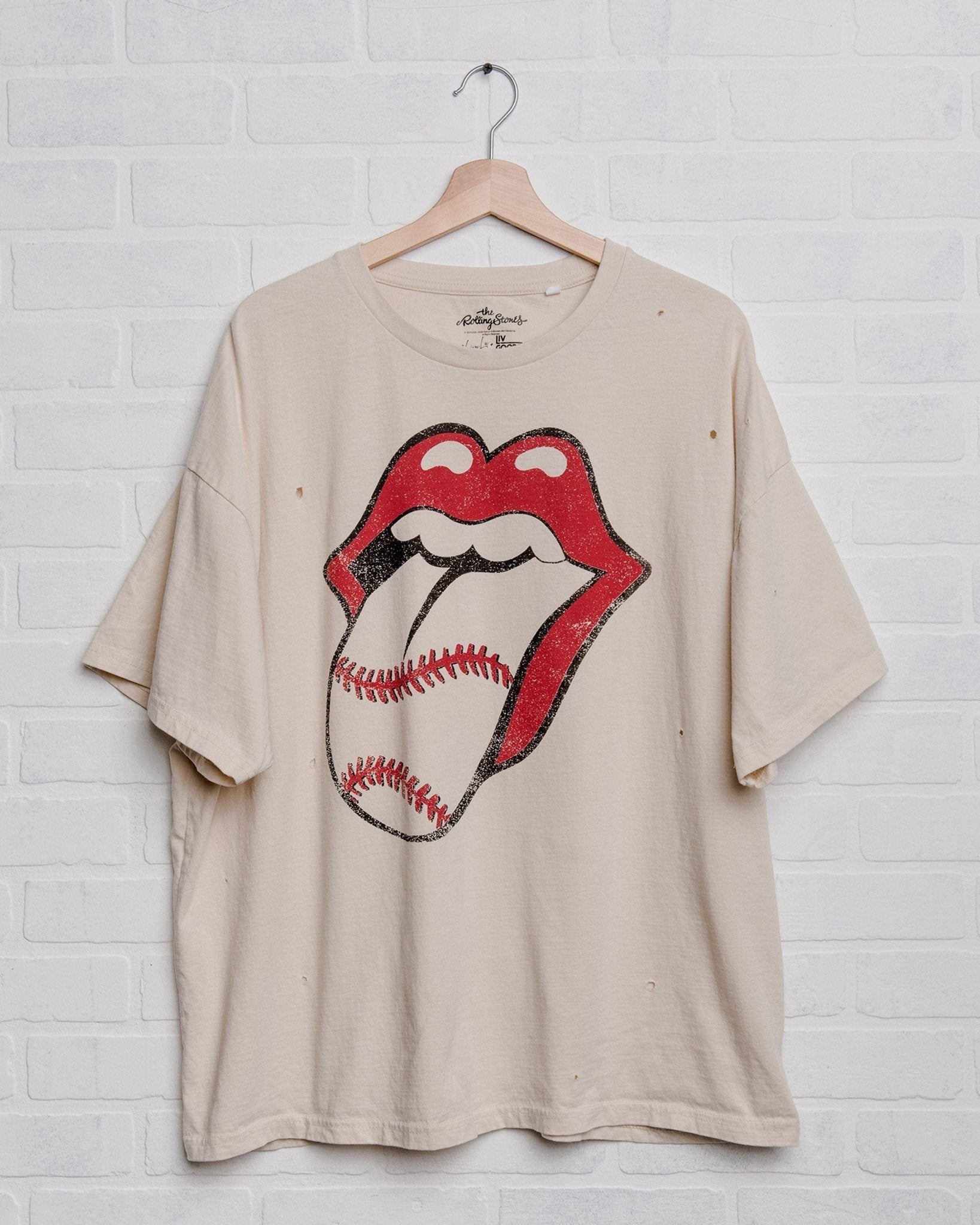 Rolling Stones Baseball Lick Off White Oversized Distressed Tee - shoplivylu