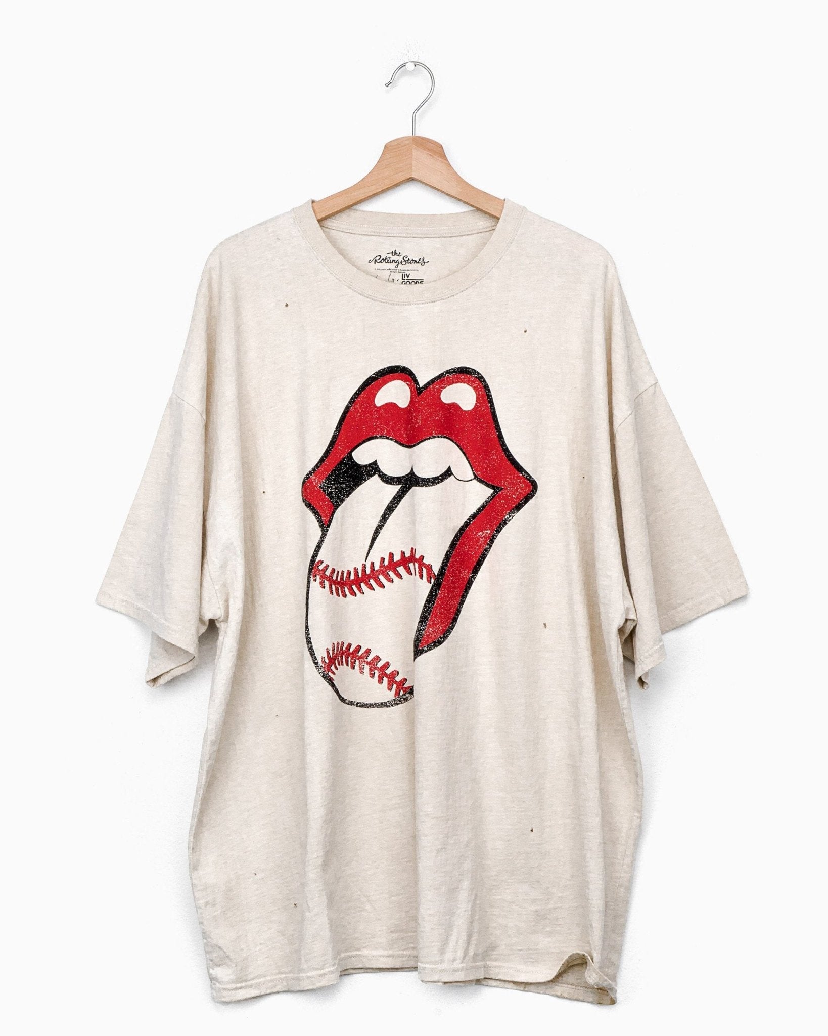 Rolling Stones Baseball Lick Off White Oversized Distressed Tee (4512425738343)