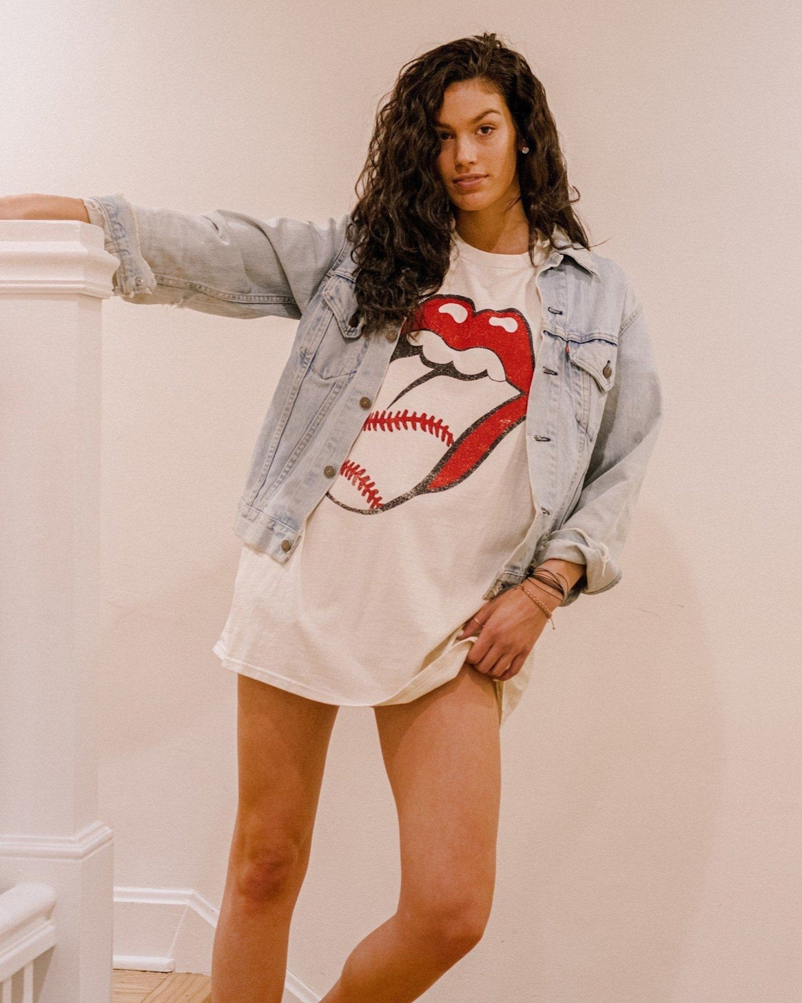 Rolling Stones Baseball Lick Off White Oversized Distressed Tee - shoplivylu