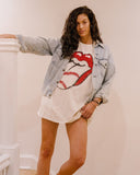 Rolling Stones Baseball Lick Off White Oversized Distressed Tee - shoplivylu