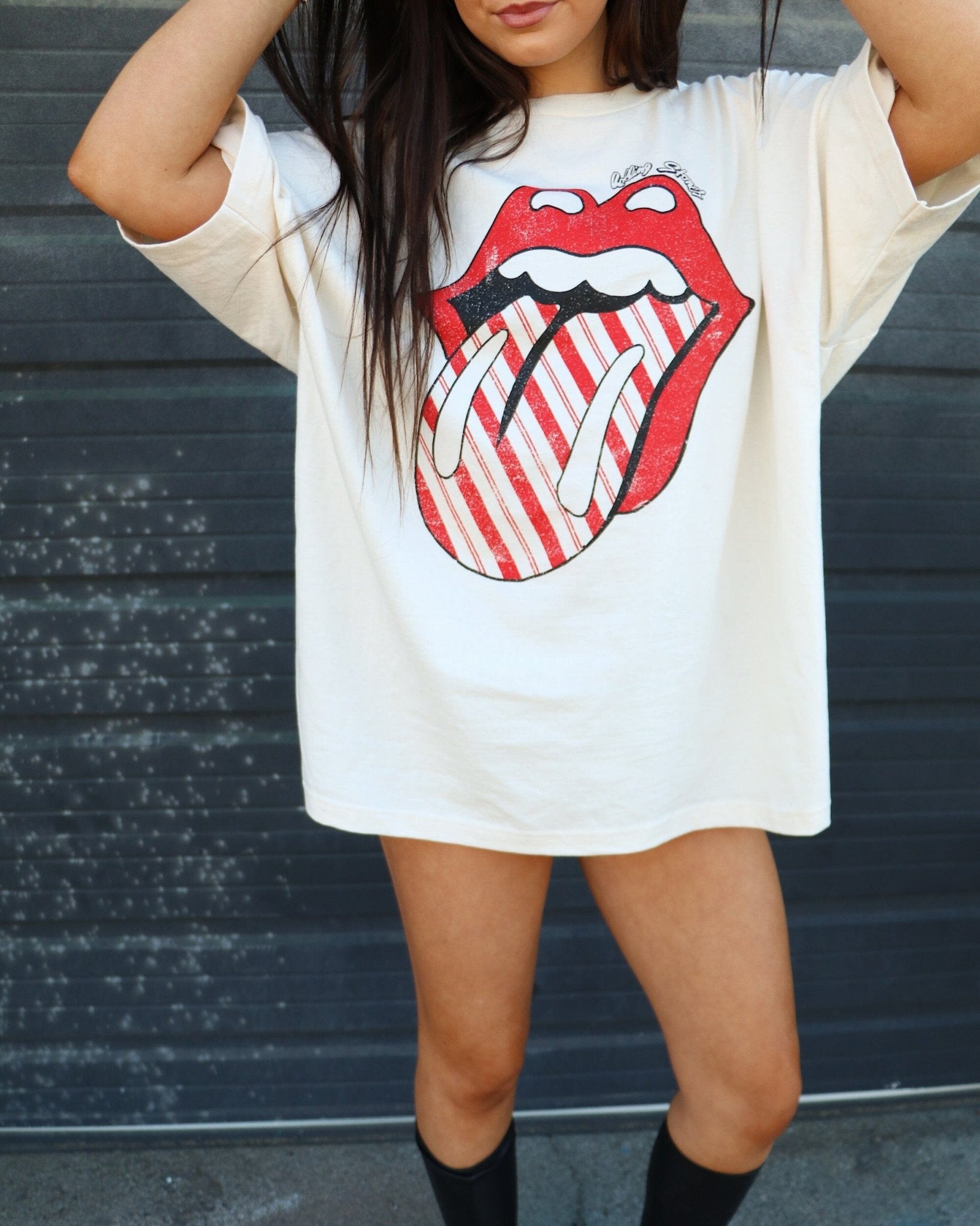 Rolling Stones Candy Cane Lick Off White Oversized Tee - shoplivylu