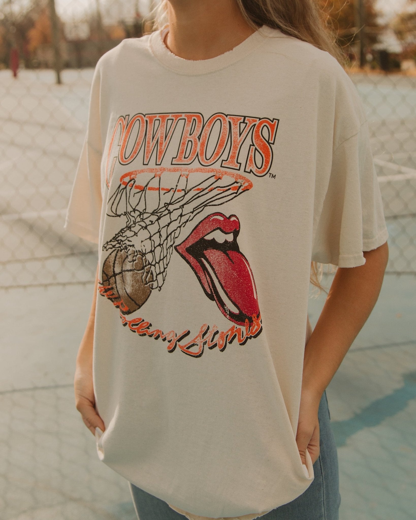 Rolling Stones Cowboys Basketball Net Off White Thrifted Tee - shoplivylu