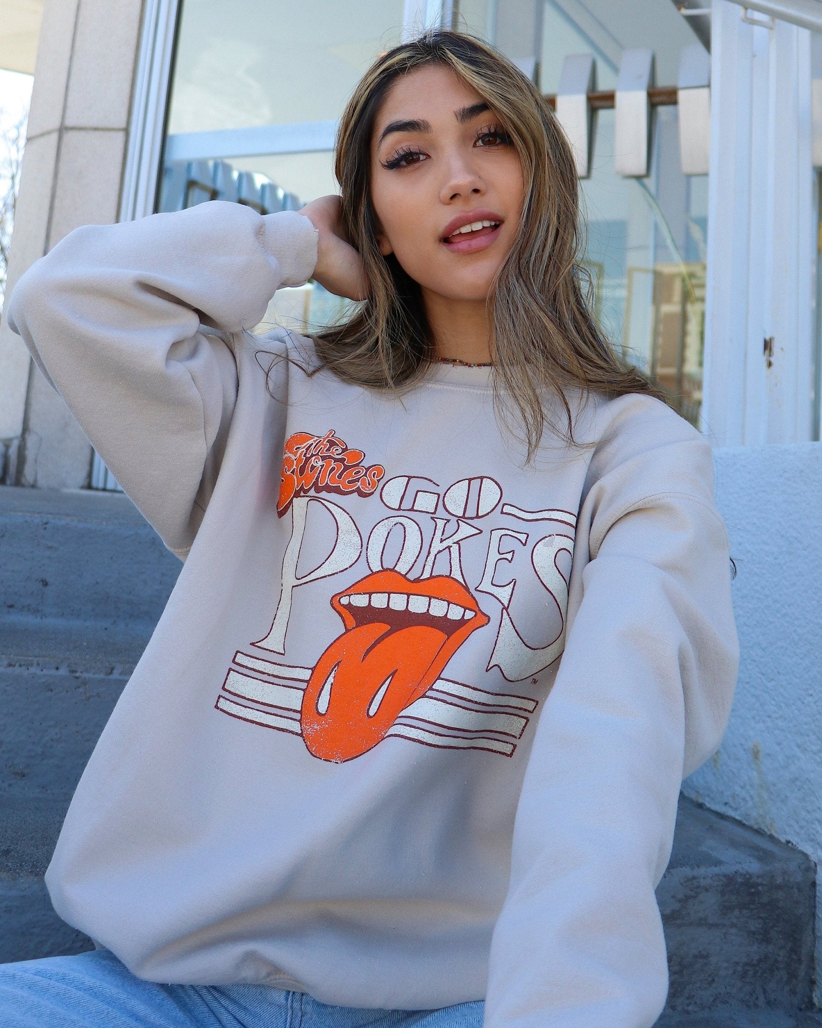 Rolling Stones Cowboys Stoned Sand Thrifted Sweatshirt - shoplivylu