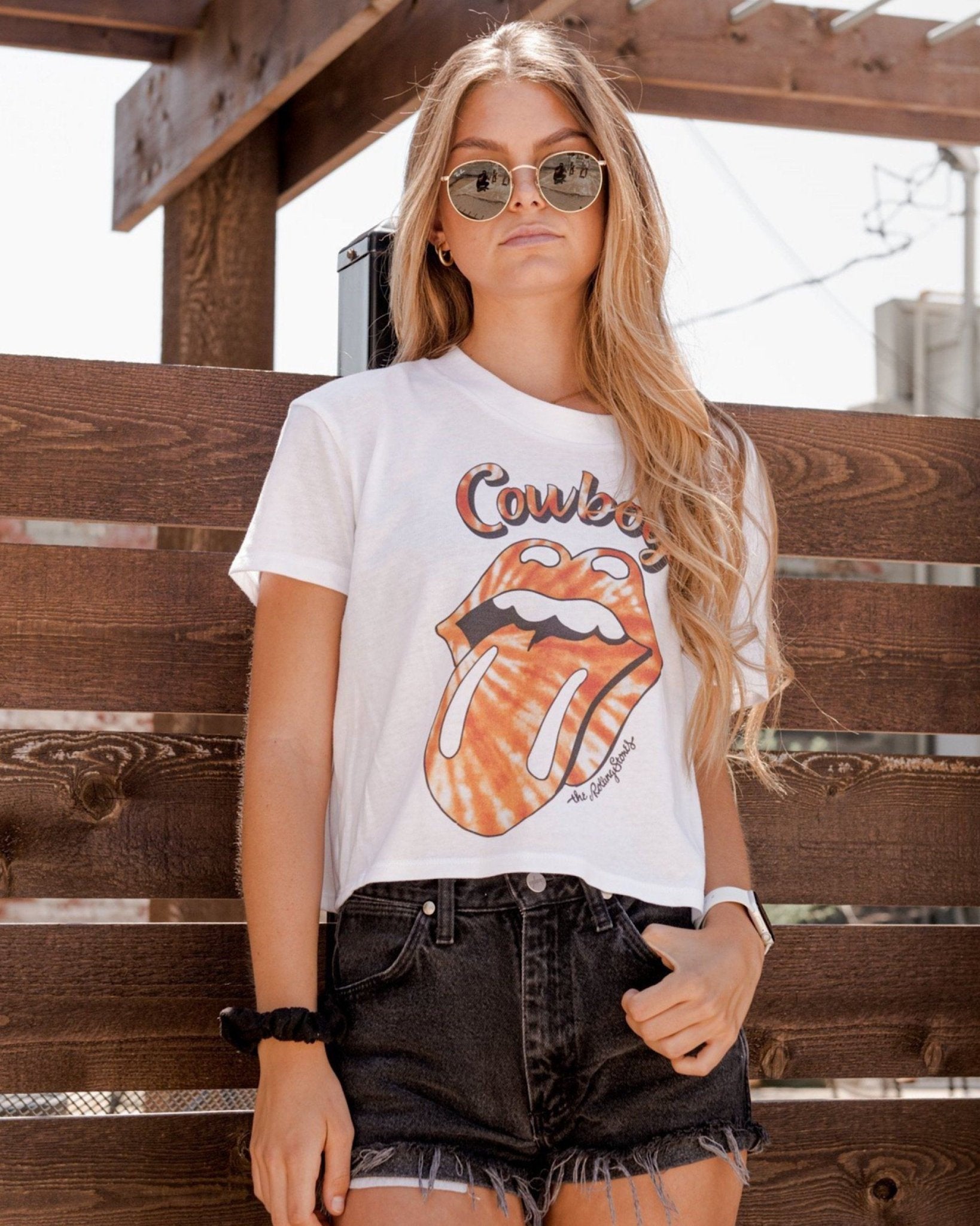 Rolling Stones Cowboys Tie Dye Lick White Cropped Tee - shoplivylu