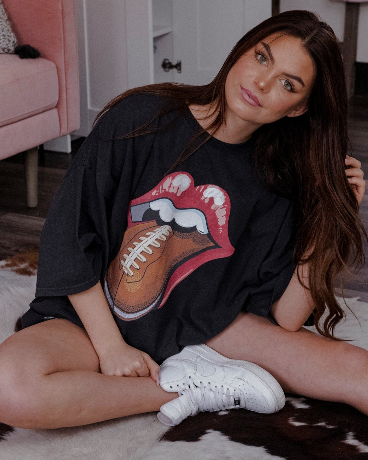 Rolling Stones Football Lick Off Black Oversized Distressed Tee - shoplivylu