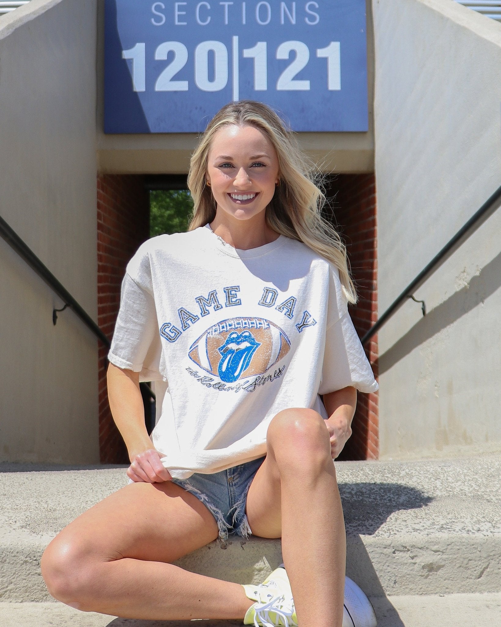 Rolling Stones Gameday (blue/black) Football Lick Off White Thrifted Tee - shoplivylu