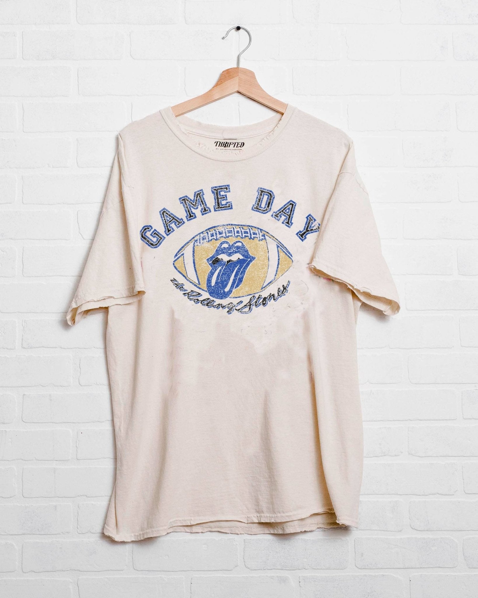 Rolling Stones Gameday (blue/black) Football Lick Off White Thrifted Tee - shoplivylu