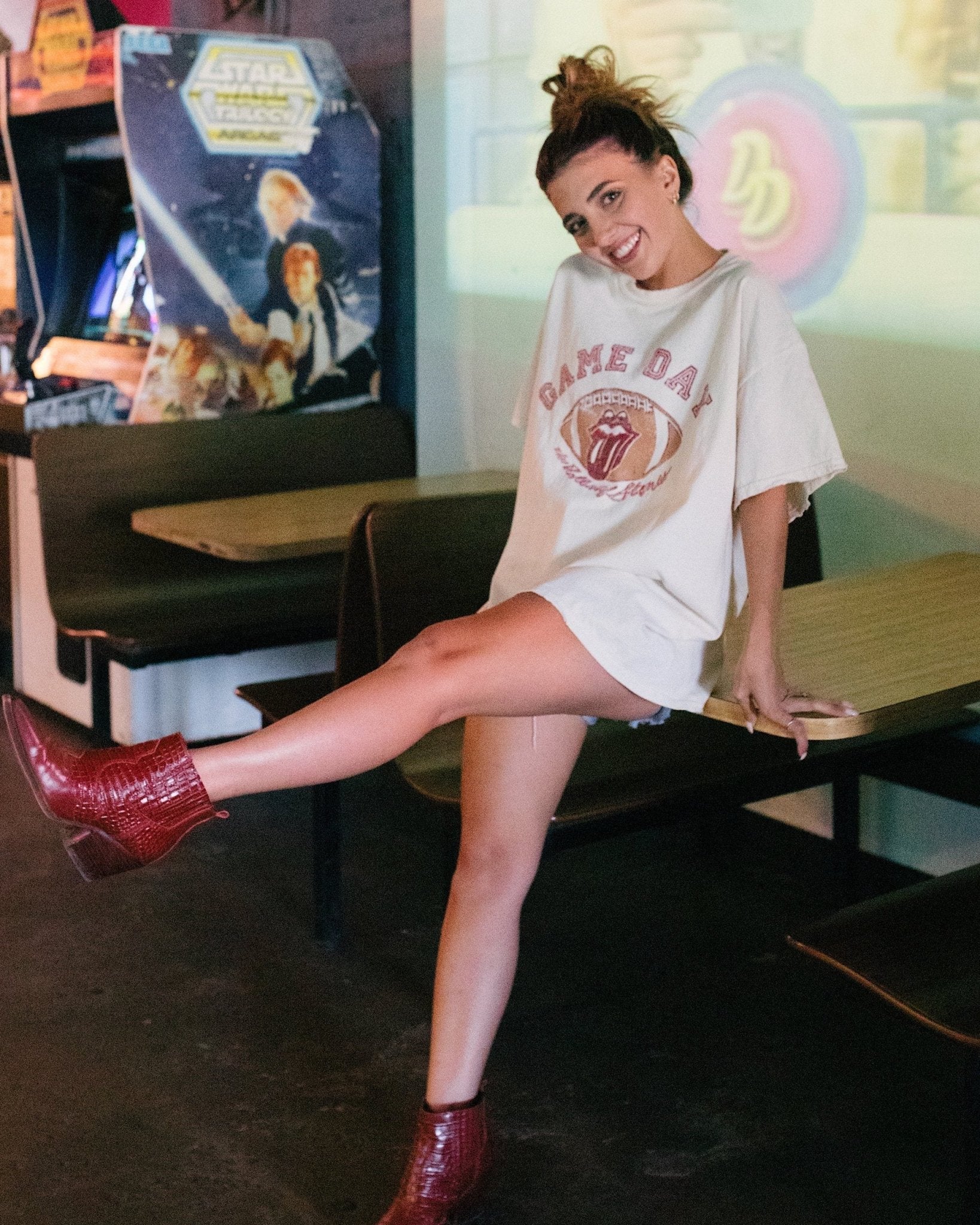 Rolling Stones Gameday (crimson) Football Lick Off White Thrifted Tee - shoplivylu