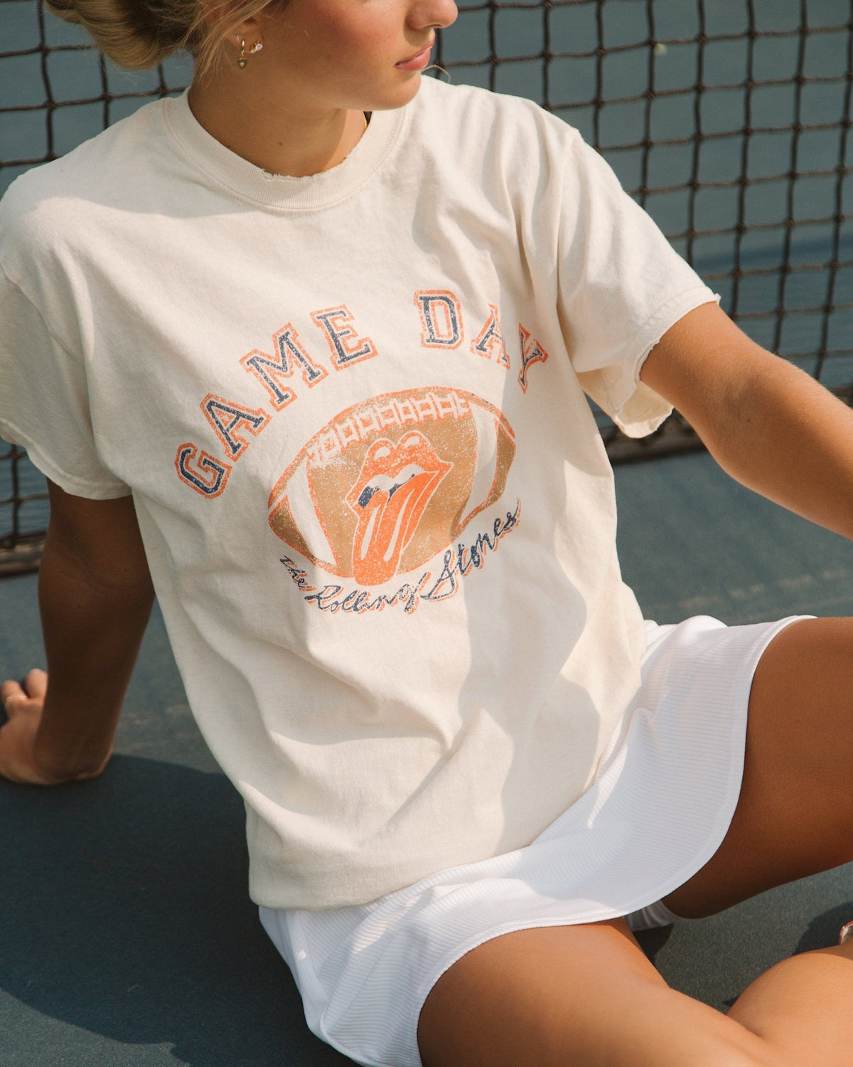 Rolling Stones Gameday (navy) Football Lick Off White Thrifted Tee - shoplivylu
