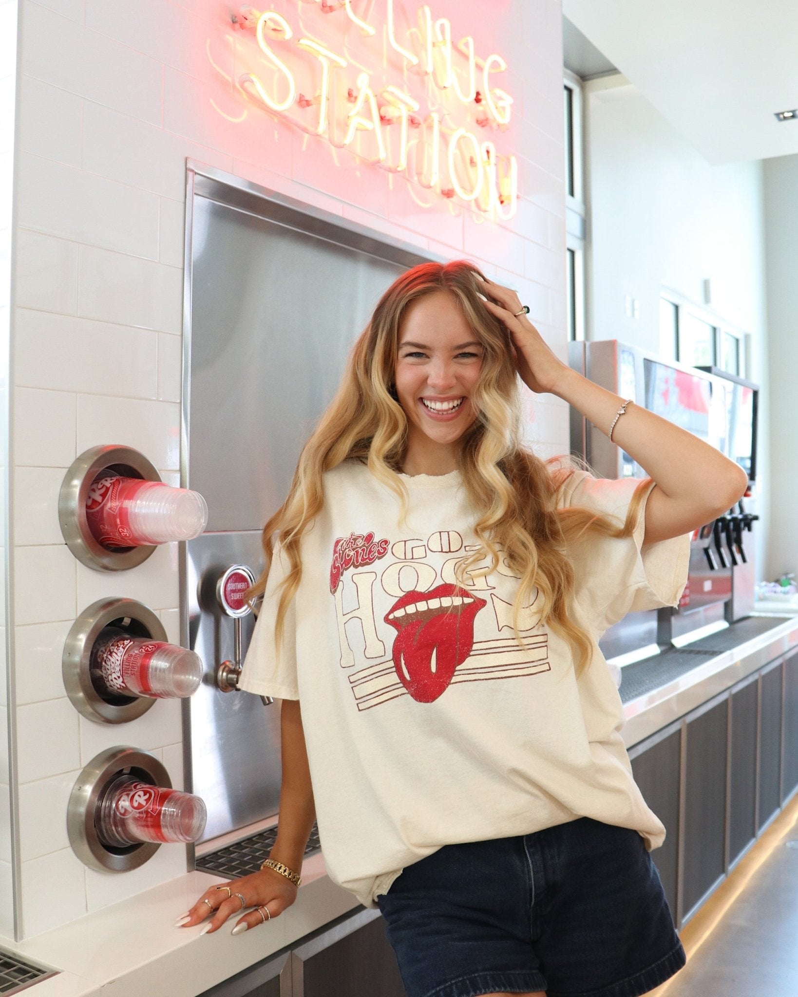 Rolling Stones Hogs Stoned Off White Thrifted Tee - shoplivylu