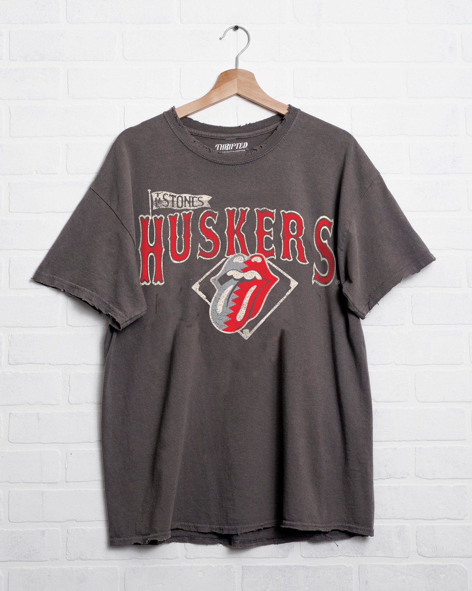 Rolling Stones Huskers Baseball Diamond Off Black Thrifted Tee - shoplivylu