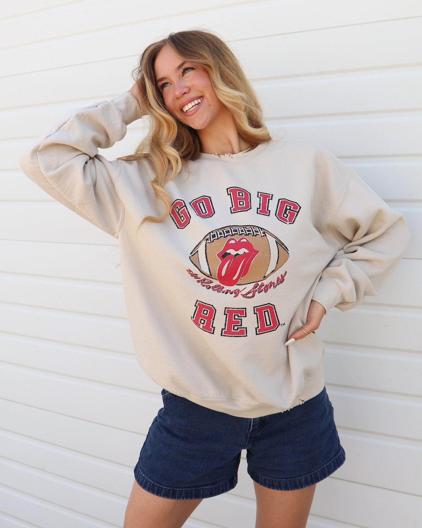Rolling Stones Huskers Football Lick Sand Thrifted Sweatshirt - shoplivylu