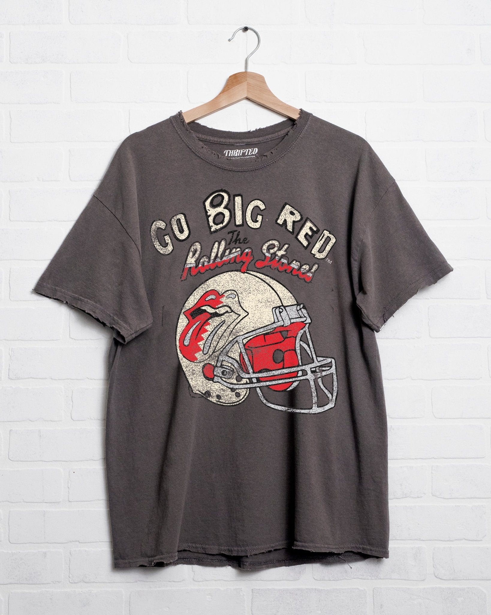 Rolling Stones Huskers Helmet Lick Charcoal Thrifted Tee - shoplivylu