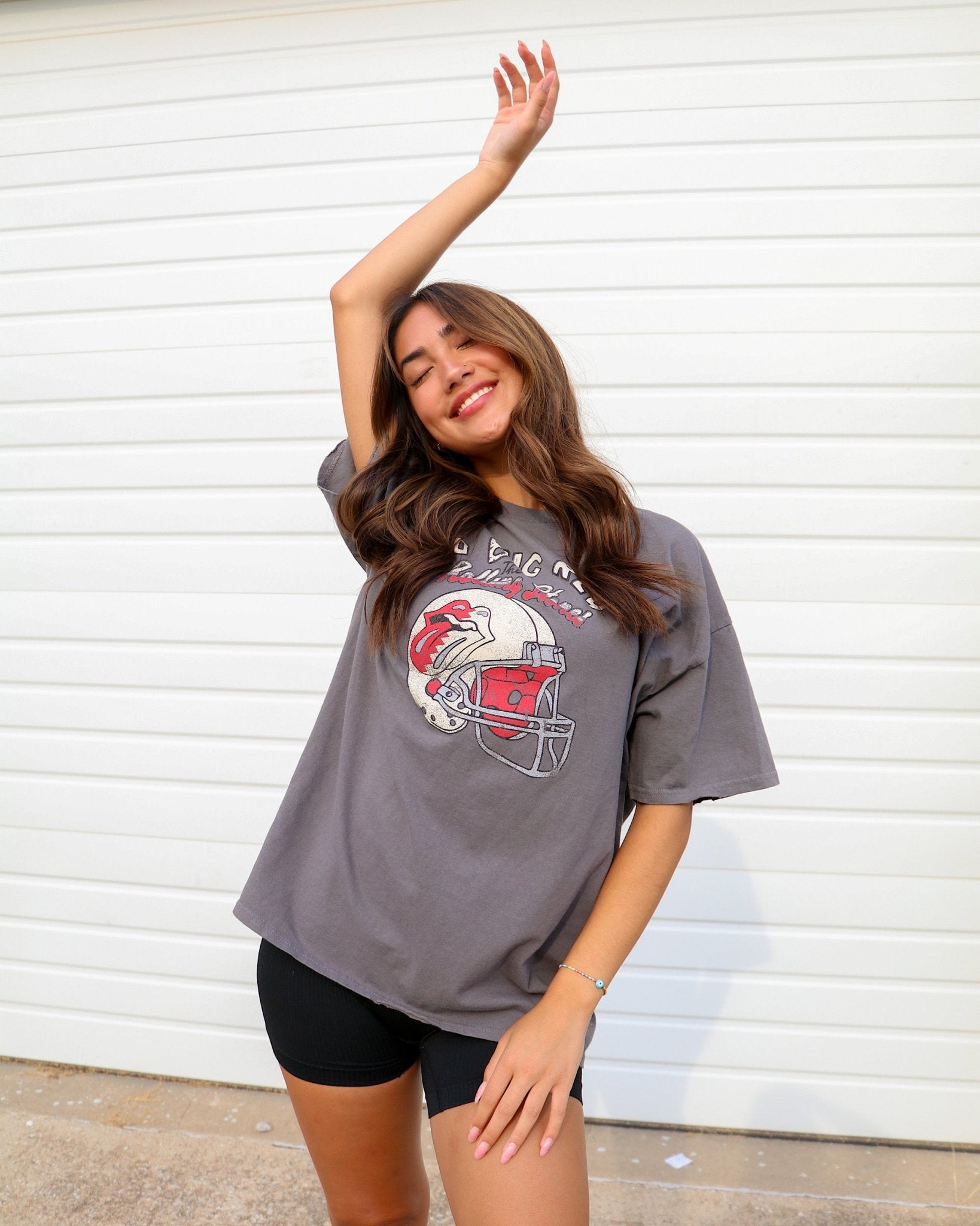 Rolling Stones Huskers Helmet Lick Charcoal Thrifted Tee - shoplivylu