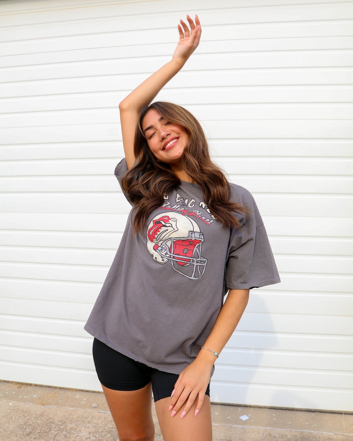 Rolling Stones Huskers Helmet Lick Charcoal Thrifted Tee - shoplivylu