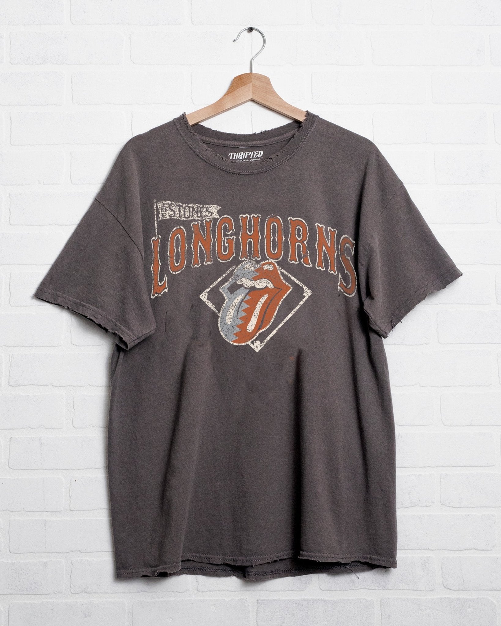 Rolling Stones Longhorns Baseball Diamond Off Black Thrifted Tee - shoplivylu