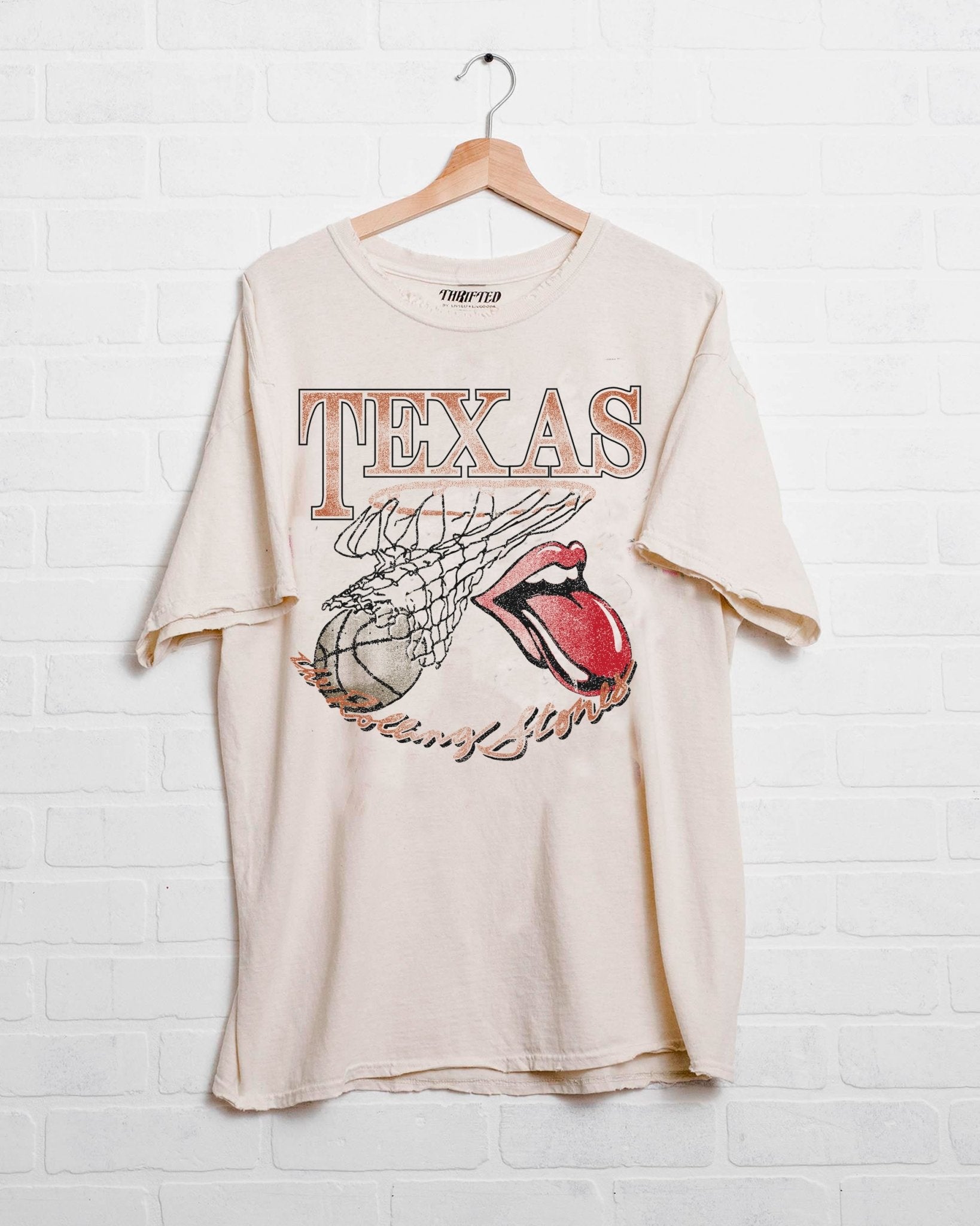 Rolling Stones Longhorns Basketball Net Off White Thrifted Tee - shoplivylu