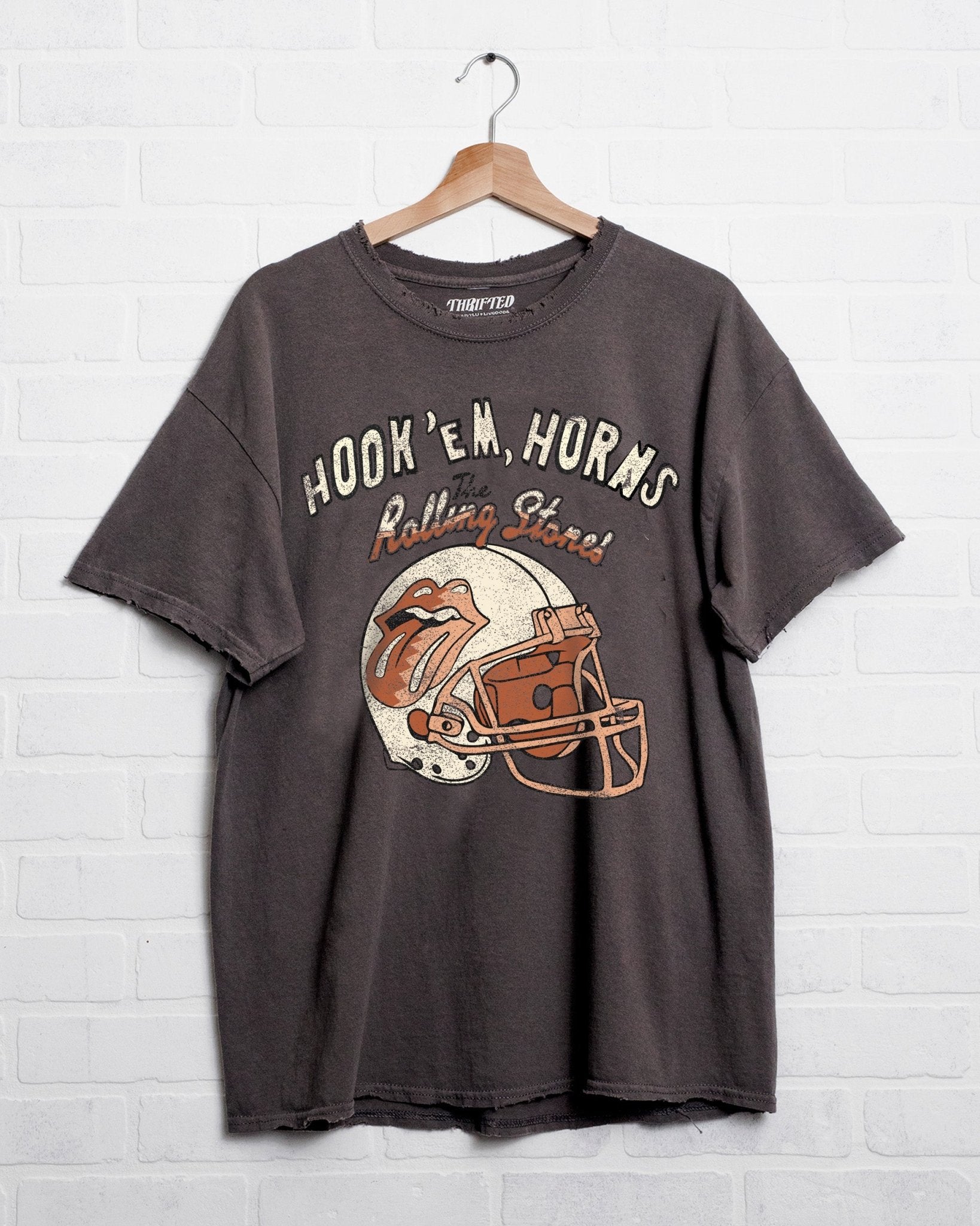 Rolling Stones Longhorns Helmet Lick Charcoal Thrifted Tee - shoplivylu