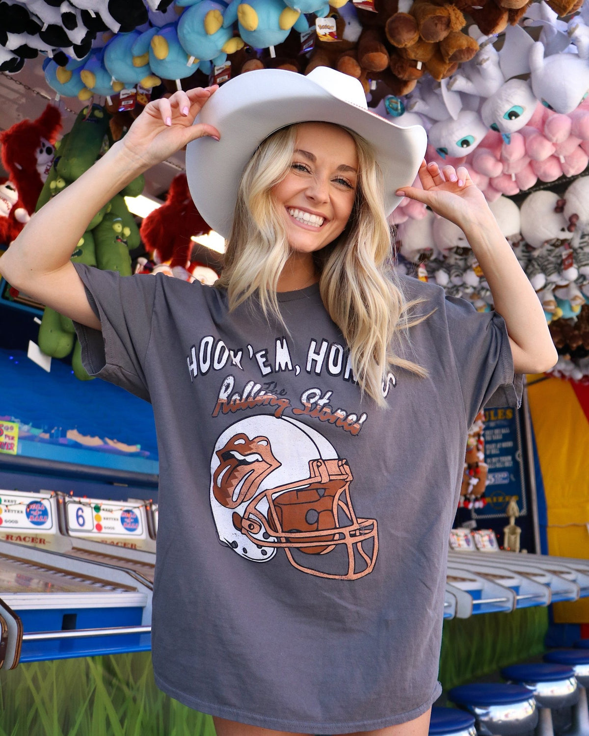 Rolling Stones Longhorns Helmet Lick Charcoal Thrifted Tee - shoplivylu