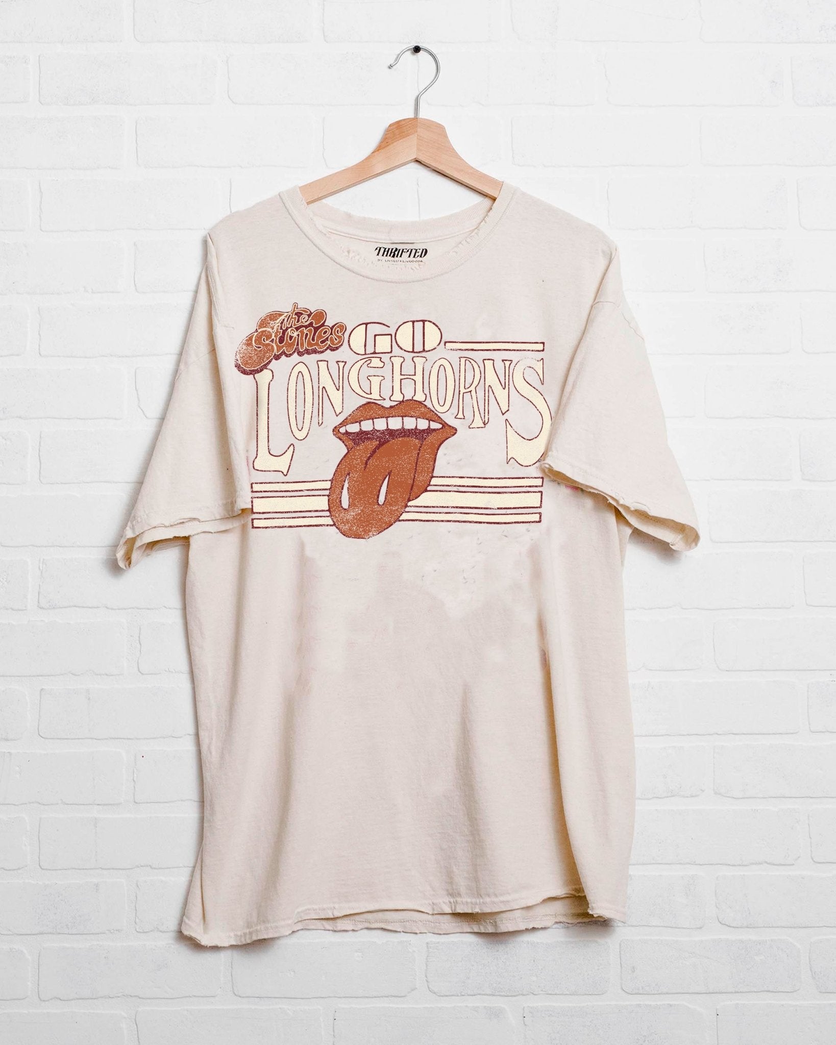 Rolling Stones Longhorns Stoned Off White Thrifted Tee - shoplivylu
