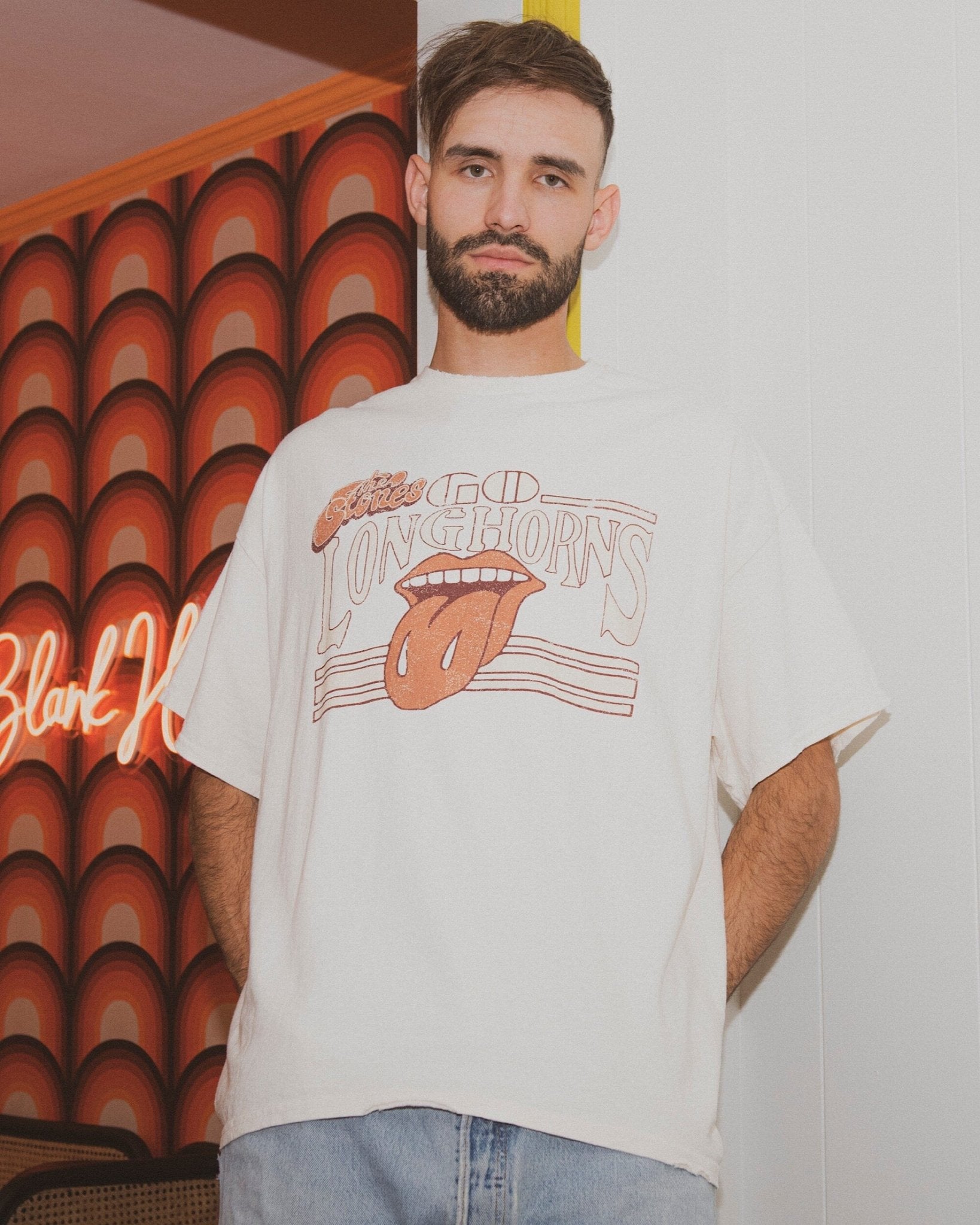 Rolling Stones Longhorns Stoned Off White Thrifted Tee - shoplivylu