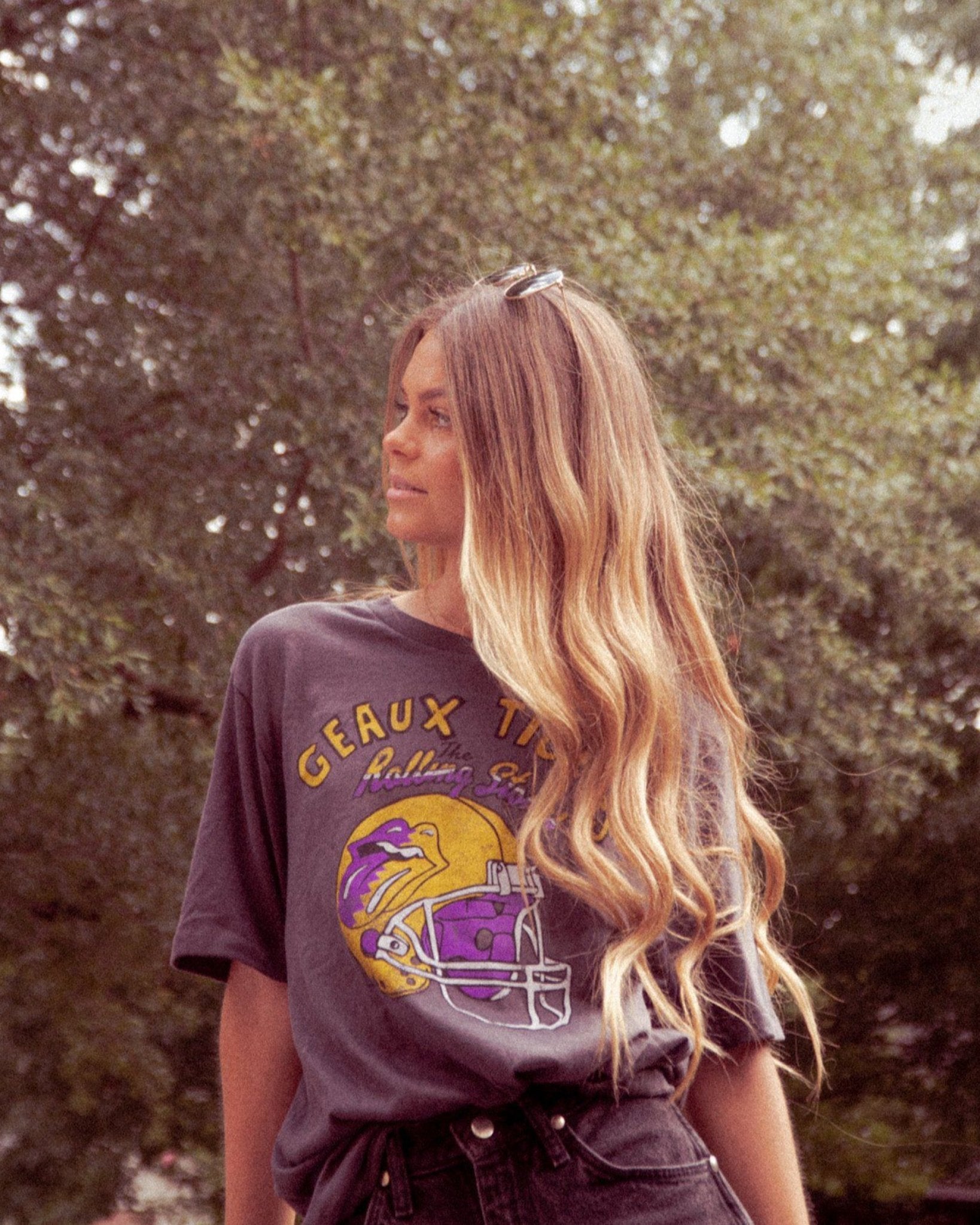 Rolling Stones LSU Helmet Lick Dark Gray Tee - shoplivylu