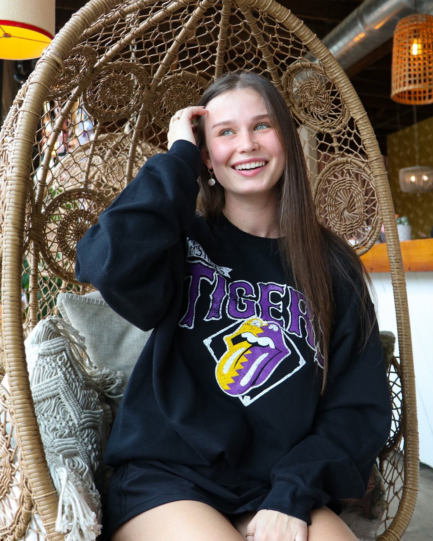 Rolling Stones LSU Tigers Baseball Diamond Black Thrifted Sweatshirt - shoplivylu