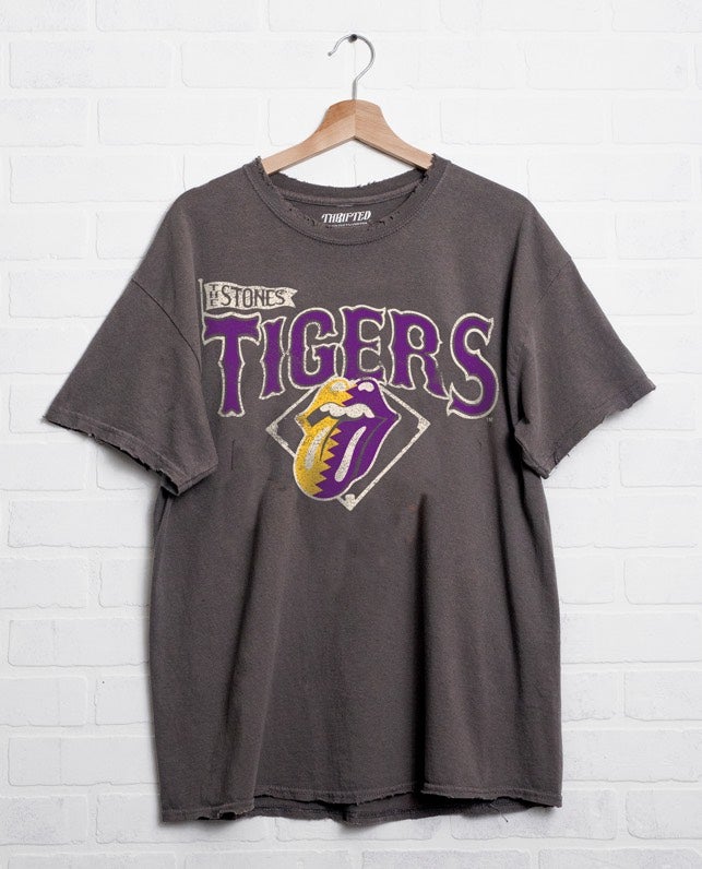 Rolling Stones LSU Tigers Baseball Diamond Off Black Thrifted Tee - shoplivylu