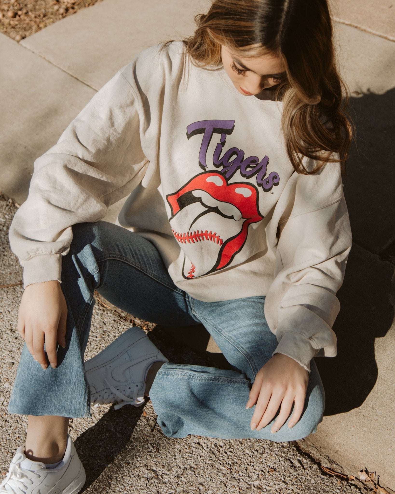Rolling Stones LSU Tigers Baseball Lick Sand Thrifted Sweatshirt - shoplivylu