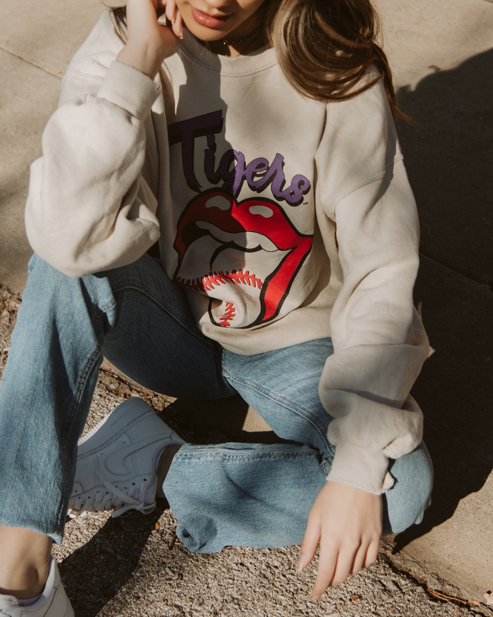 Rolling Stones LSU Tigers Baseball Lick Sand Thrifted Sweatshirt - shoplivylu