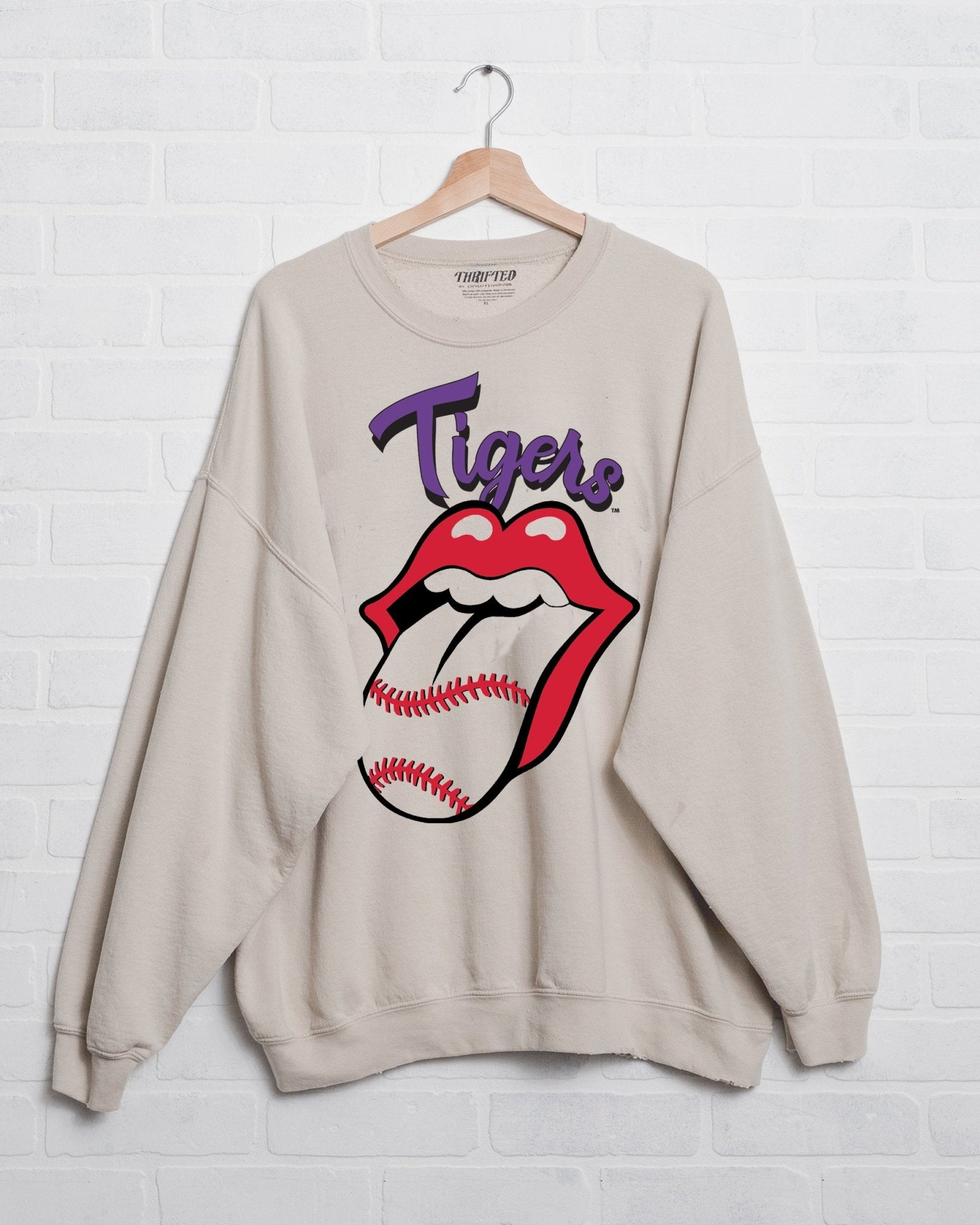Rolling Stones LSU Tigers Baseball Lick Sand Thrifted Sweatshirt - shoplivylu