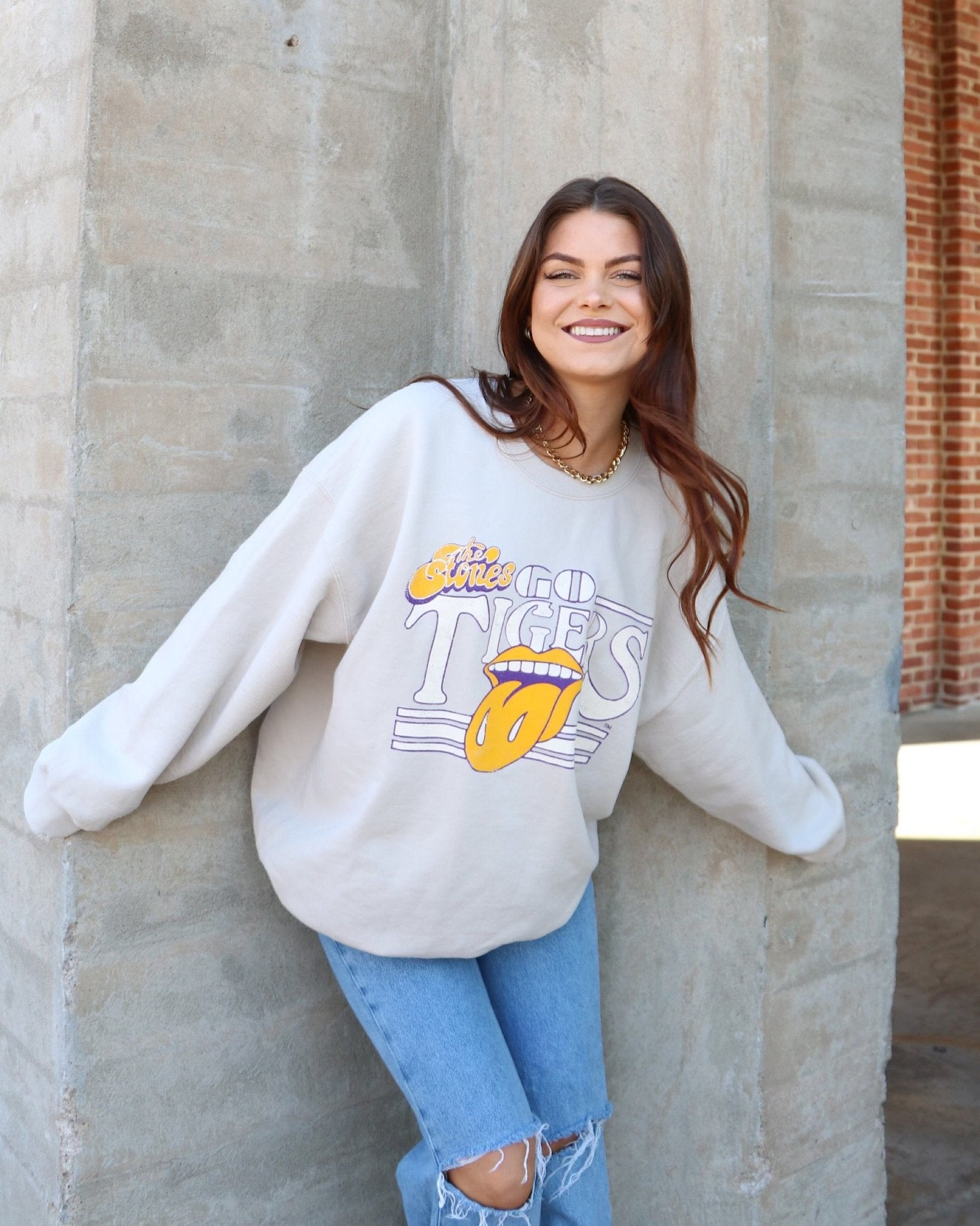 Rolling Stones LSU Tigers Stoned Sand Thrifted Sweatshirt - shoplivylu