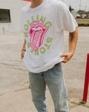 Rolling Stones Neon Puff Classic Lick Comfort Wash White Tee - shoplivylu