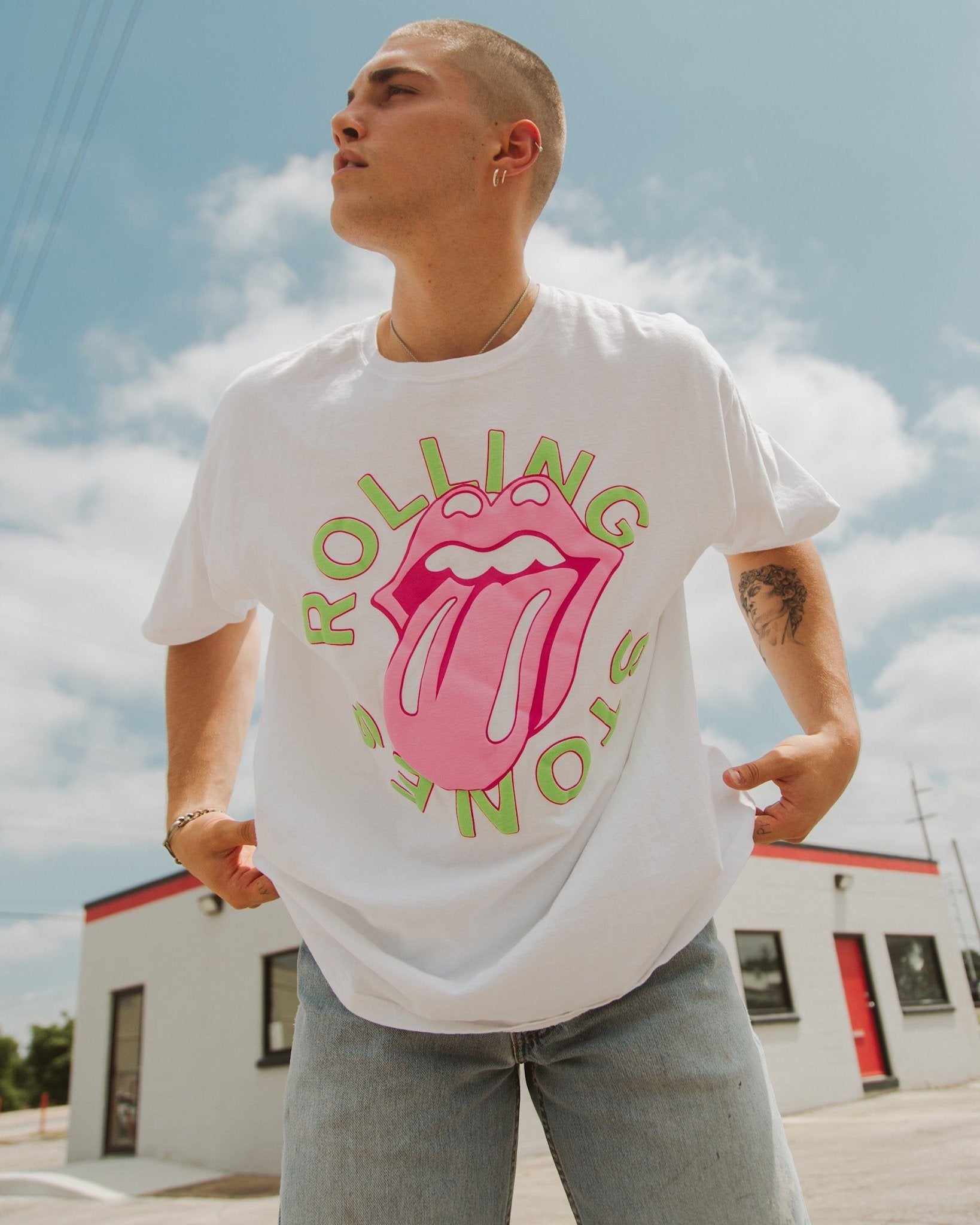 Rolling Stones Neon Puff Classic Lick Comfort Wash White Tee - shoplivylu