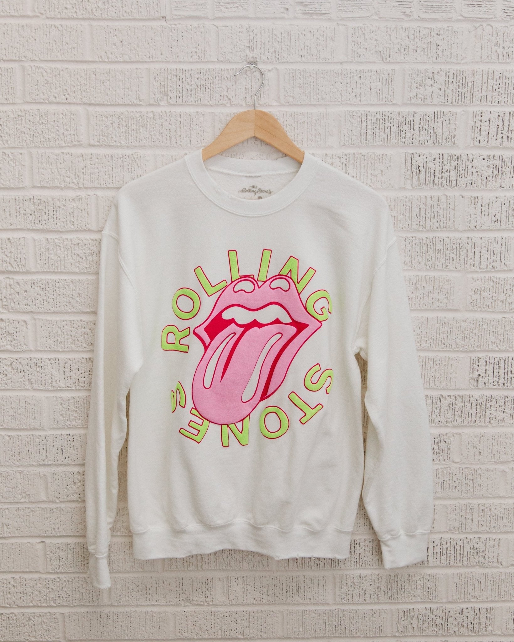 Rolling Stones Neon Puff Classic Lick White Thrifted Sweatshirt - shoplivylu
