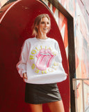 Rolling Stones Neon Puff Classic Lick White Thrifted Sweatshirt - shoplivylu