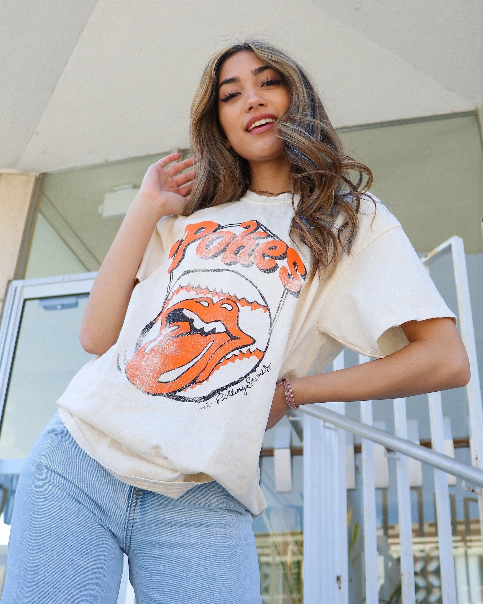 Rolling Stones OSU Cowboys Home Plate Off White Thrifted Tee - shoplivylu