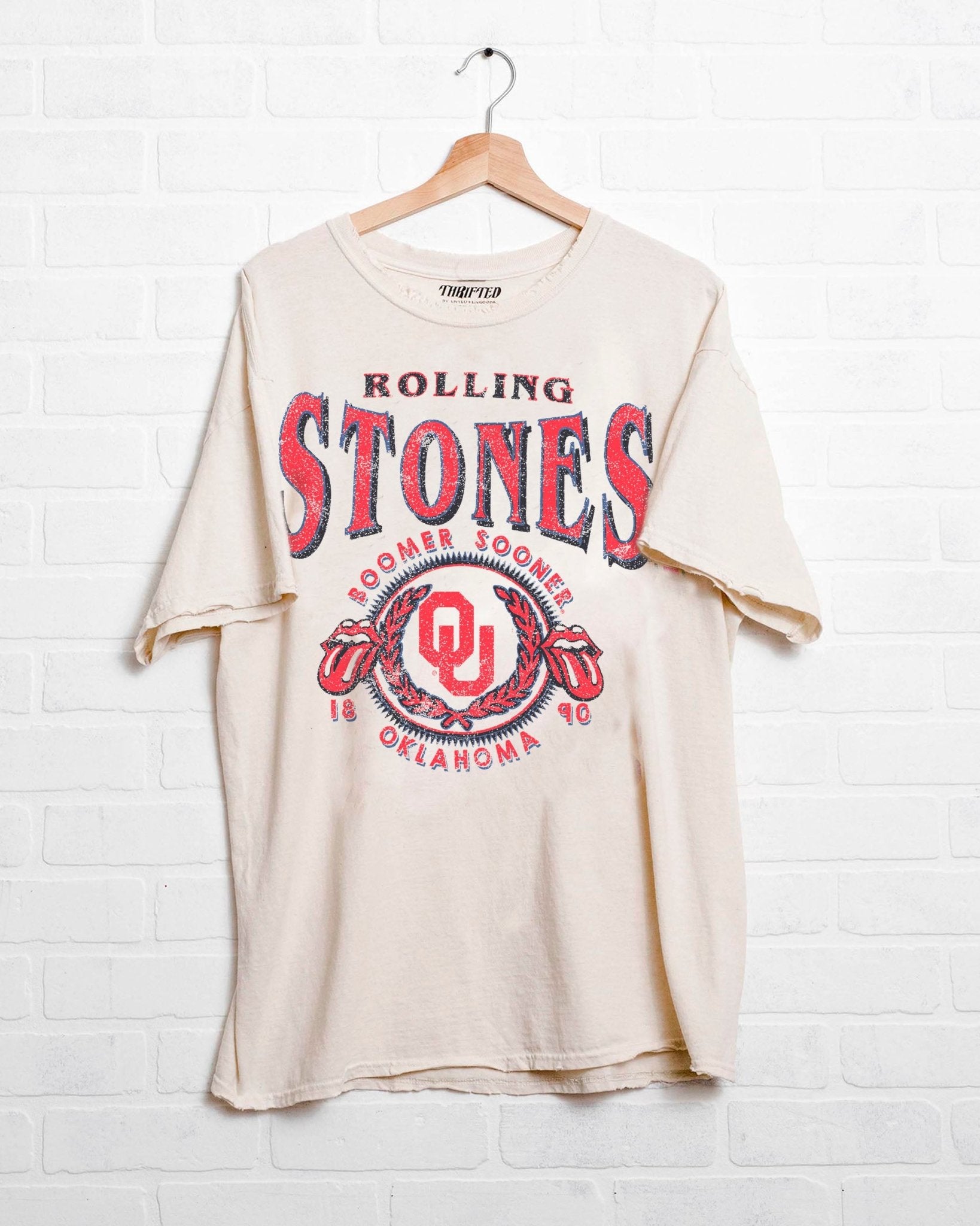Rolling Stones OU College Seal Off White Thrifted Tee - shoplivylu