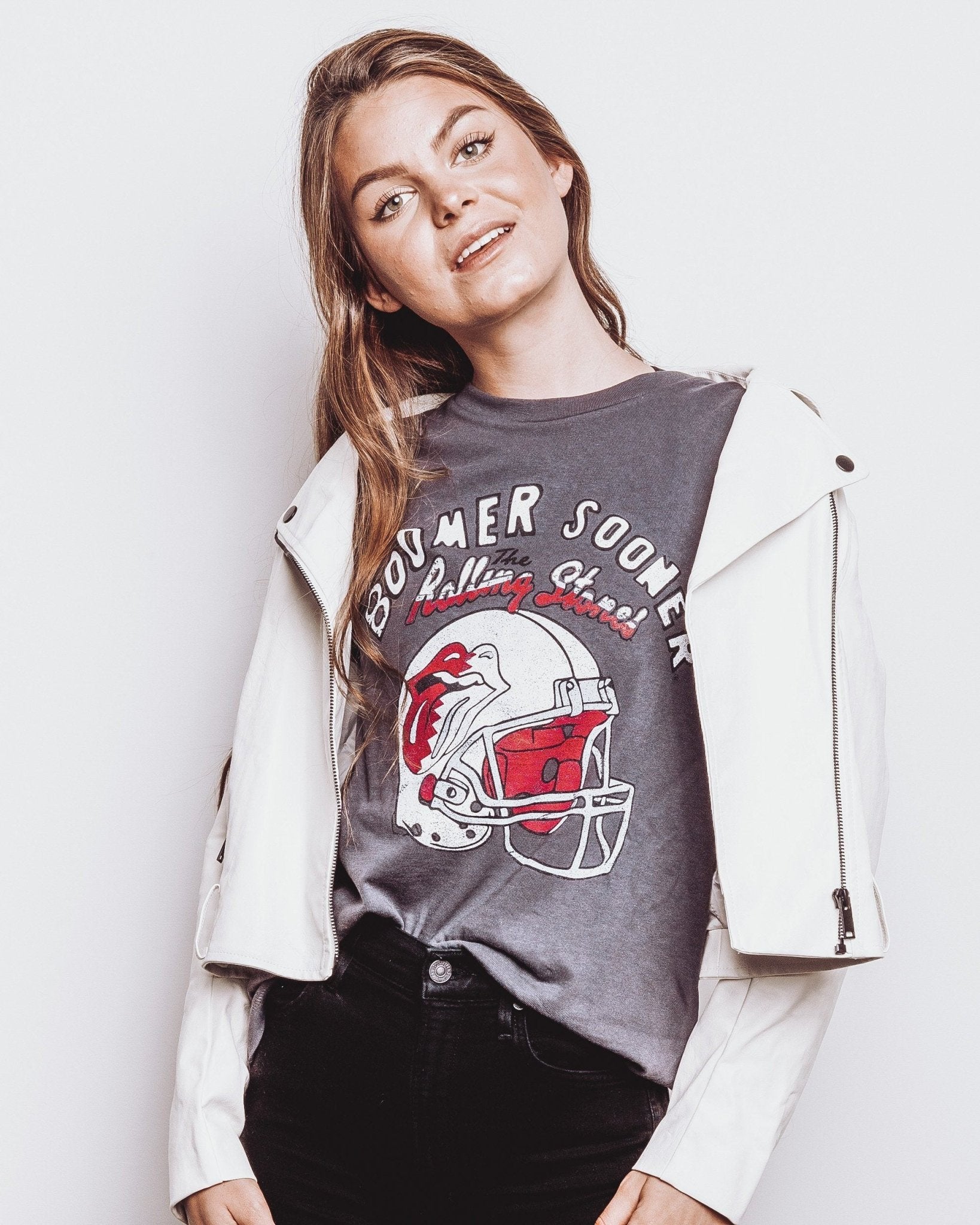 Rolling Stones OU Helmet Lick Dark Gray Tee - shoplivylu