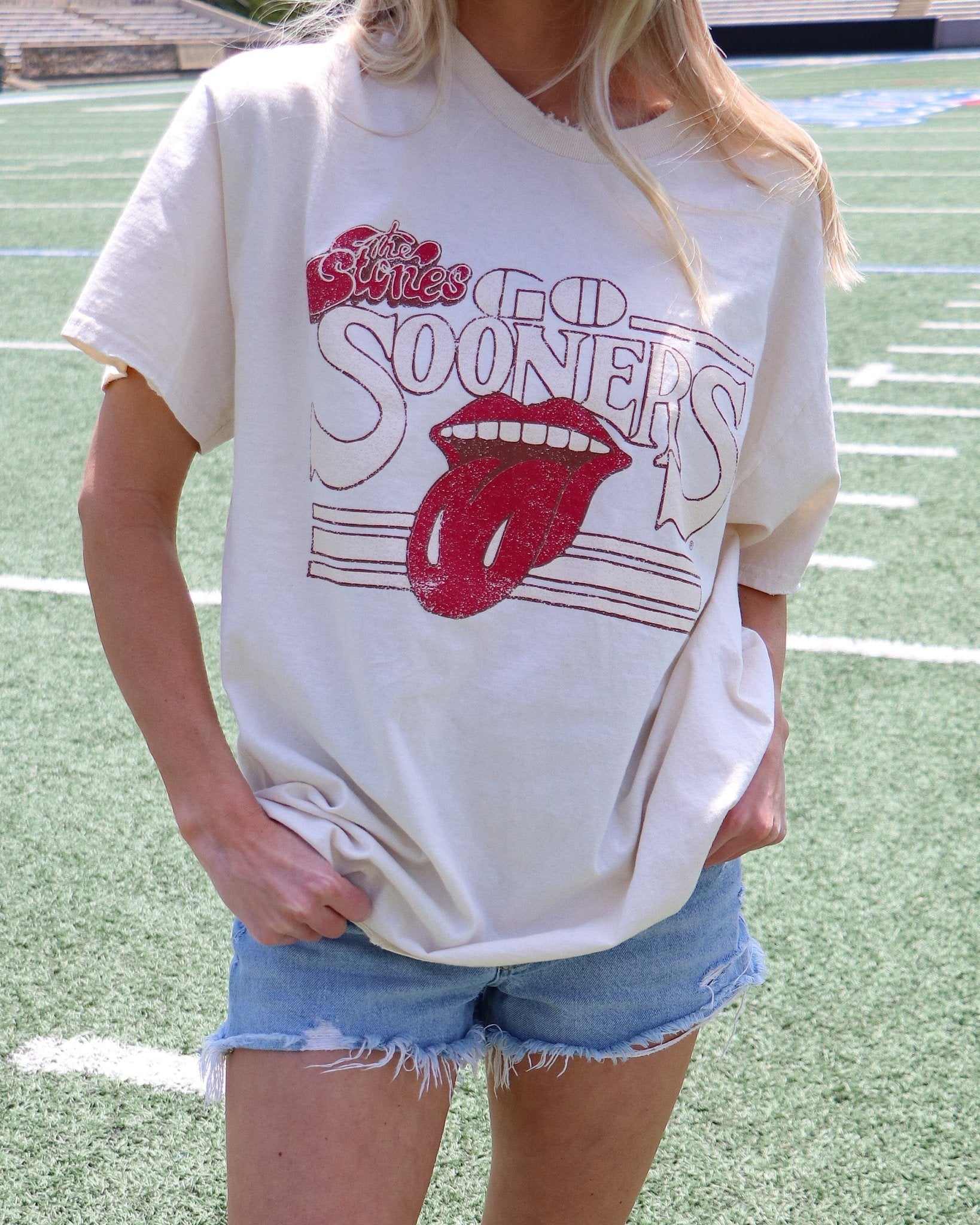 Rolling Stones OU Sooners Stoned Off White Thrifted Tee - shoplivylu