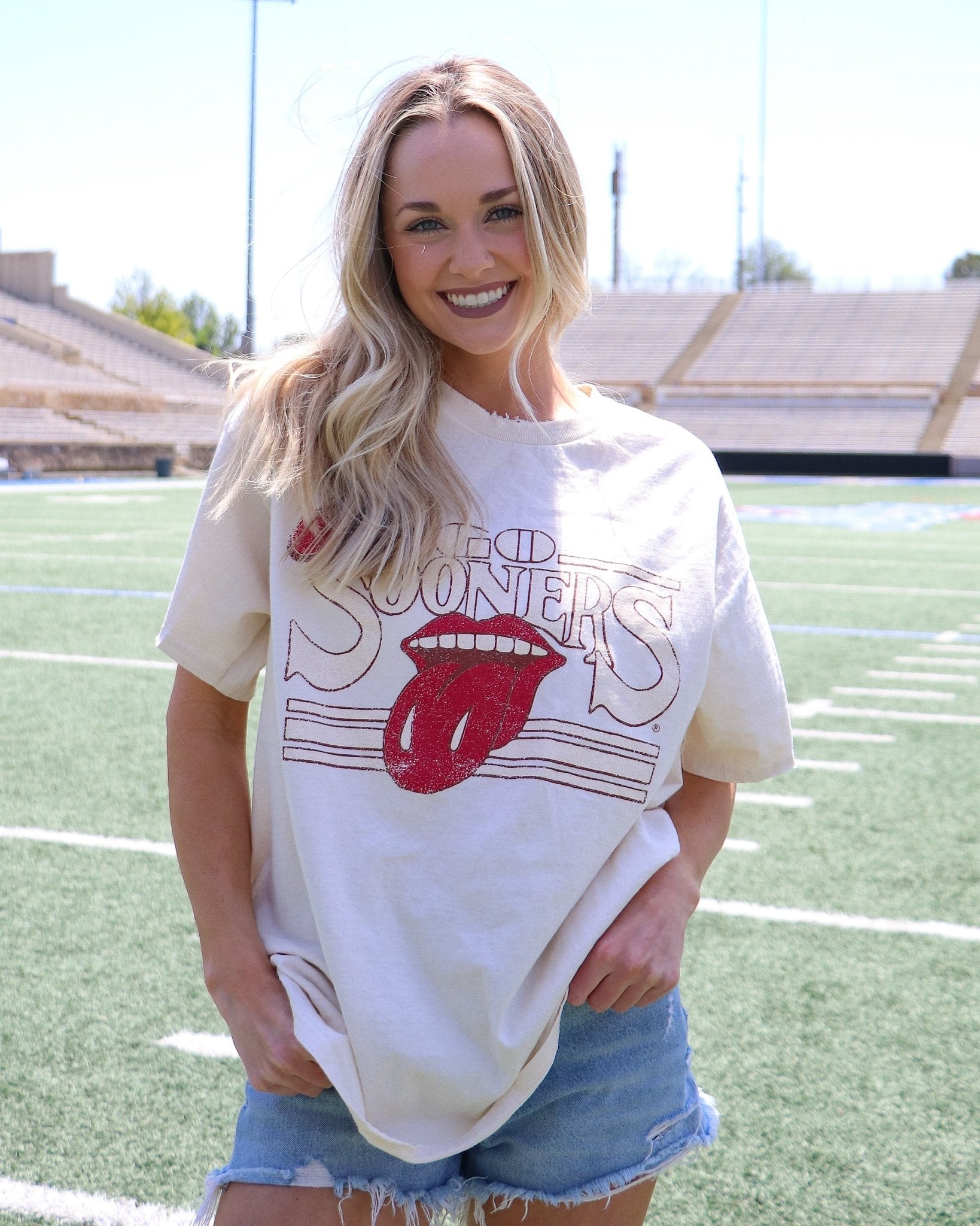 Rolling Stones OU Sooners Stoned Off White Thrifted Tee - shoplivylu