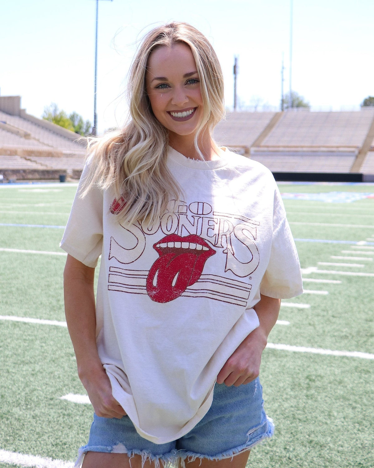 Rolling Stones OU Sooners Stoned Off White Thrifted Tee - shoplivylu